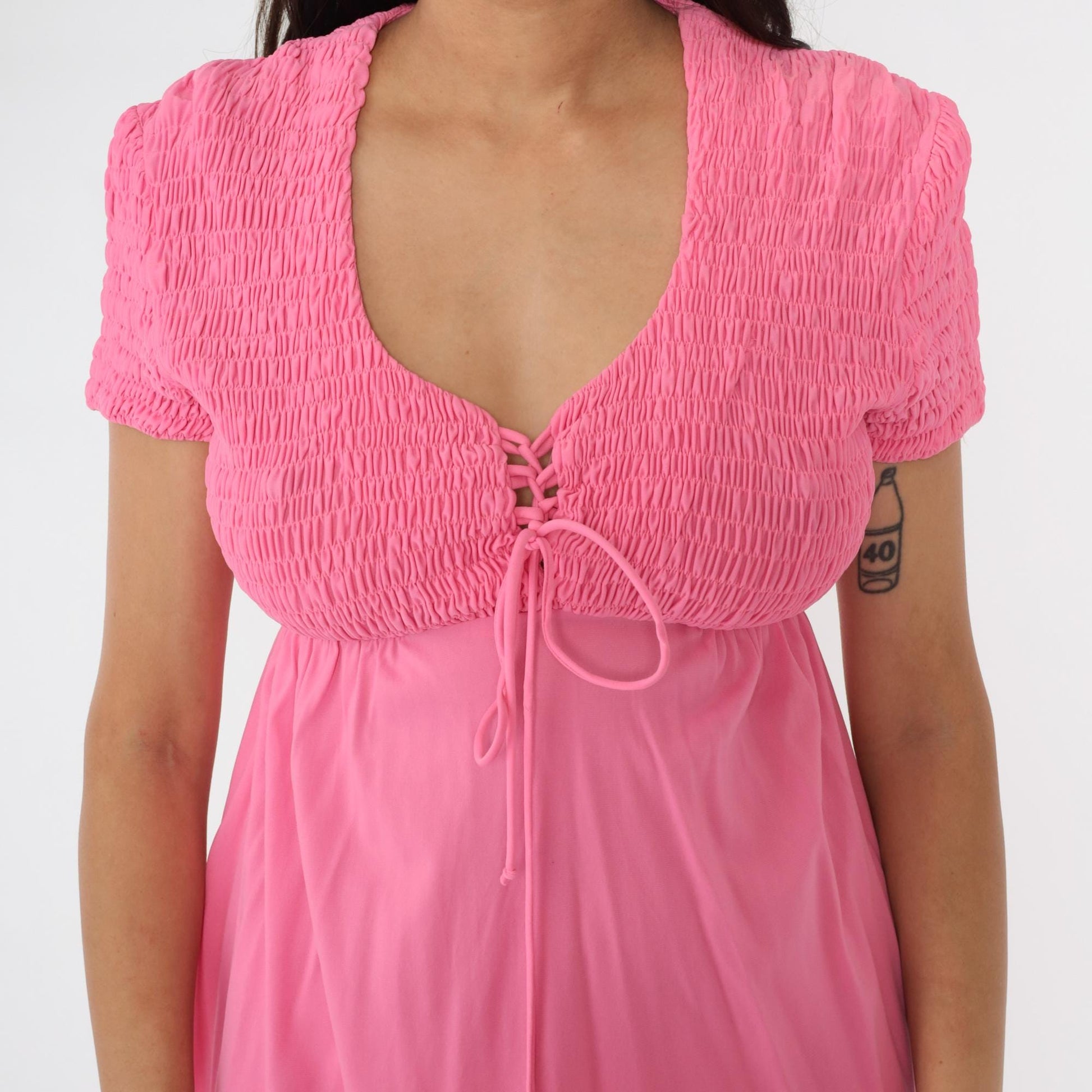 60s Babydoll Dress Bright Pink Smocked Empire Waist Mini Short Sleeve Small