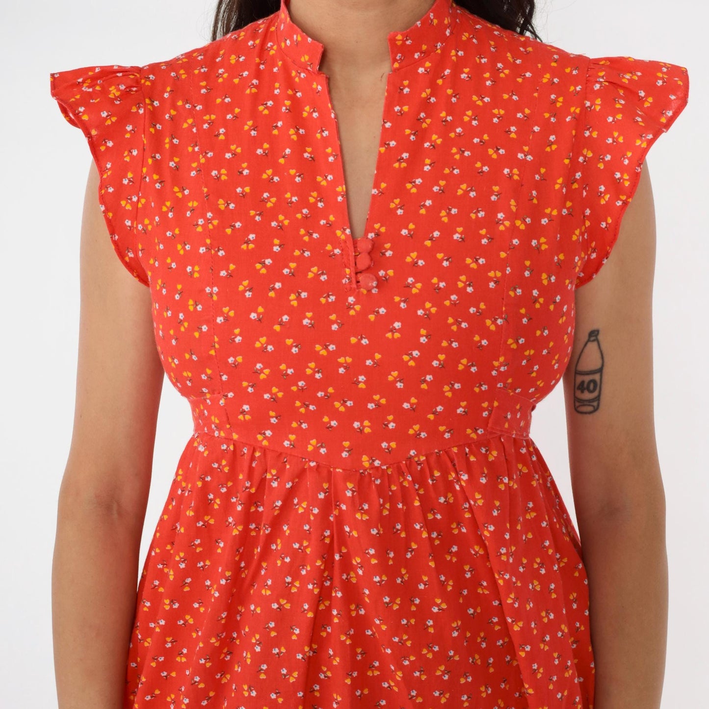 70s Orange Calico Floral Babydoll Mini Dress Empire Waist Flutter Sleeve XS