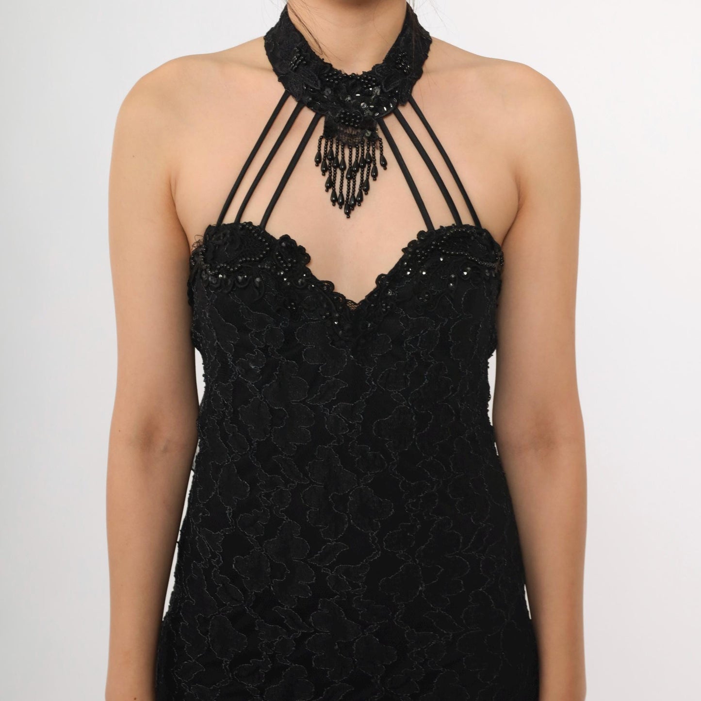 90s Black Lace Halter Maxi Gown Beaded Choker Neck Bodycon Train Medium