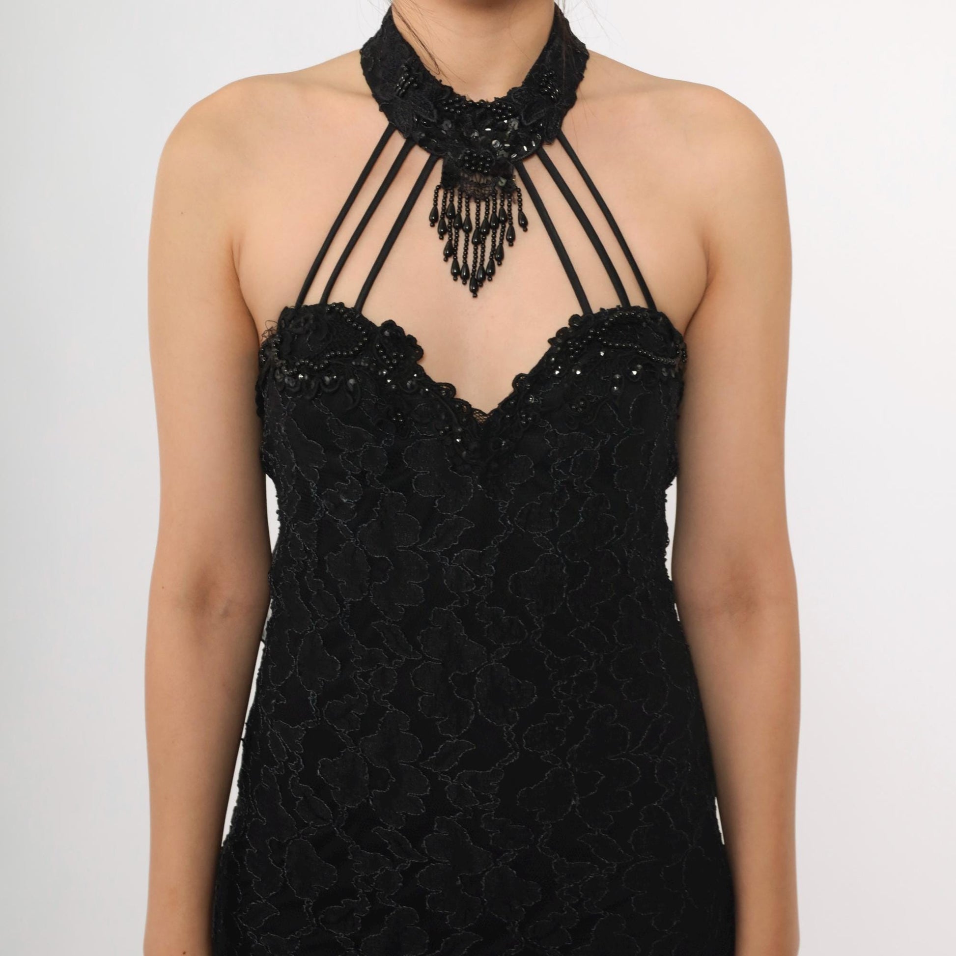 90s Black Lace Halter Maxi Gown Beaded Choker Neck Bodycon Train Medium