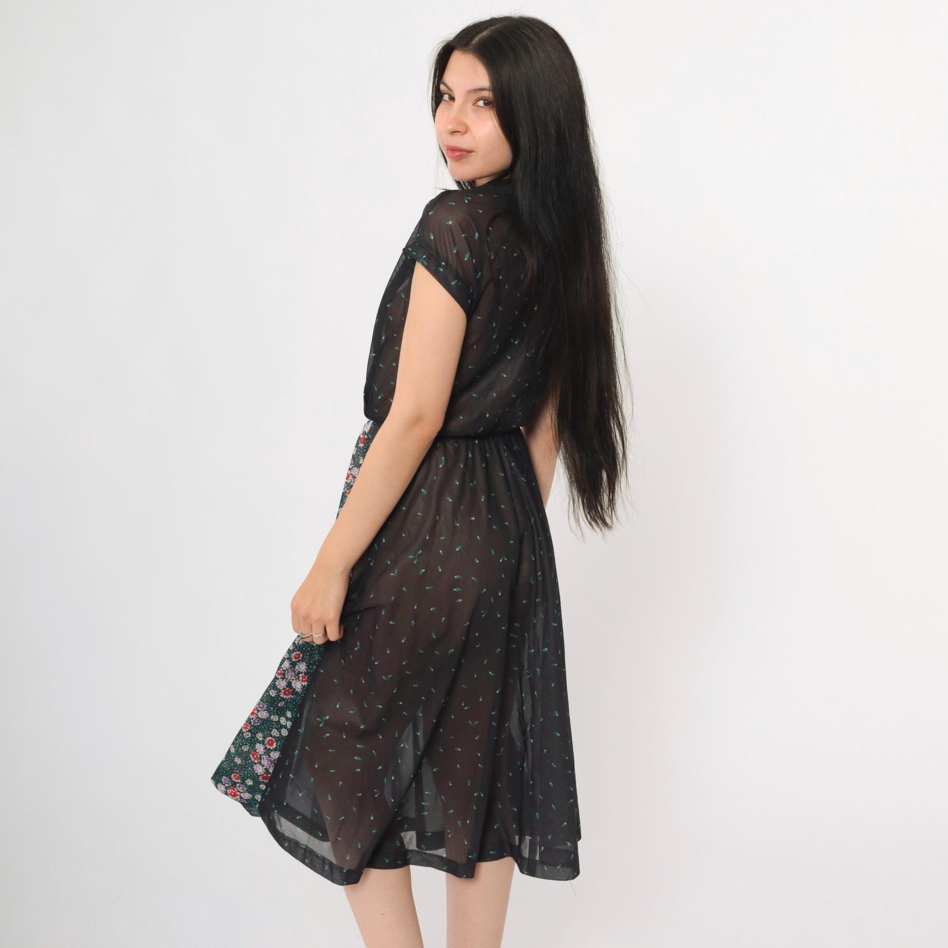 70s Black Floral Sheer Midi Dress Faux Wrap V Neck Cap Sleeve Small