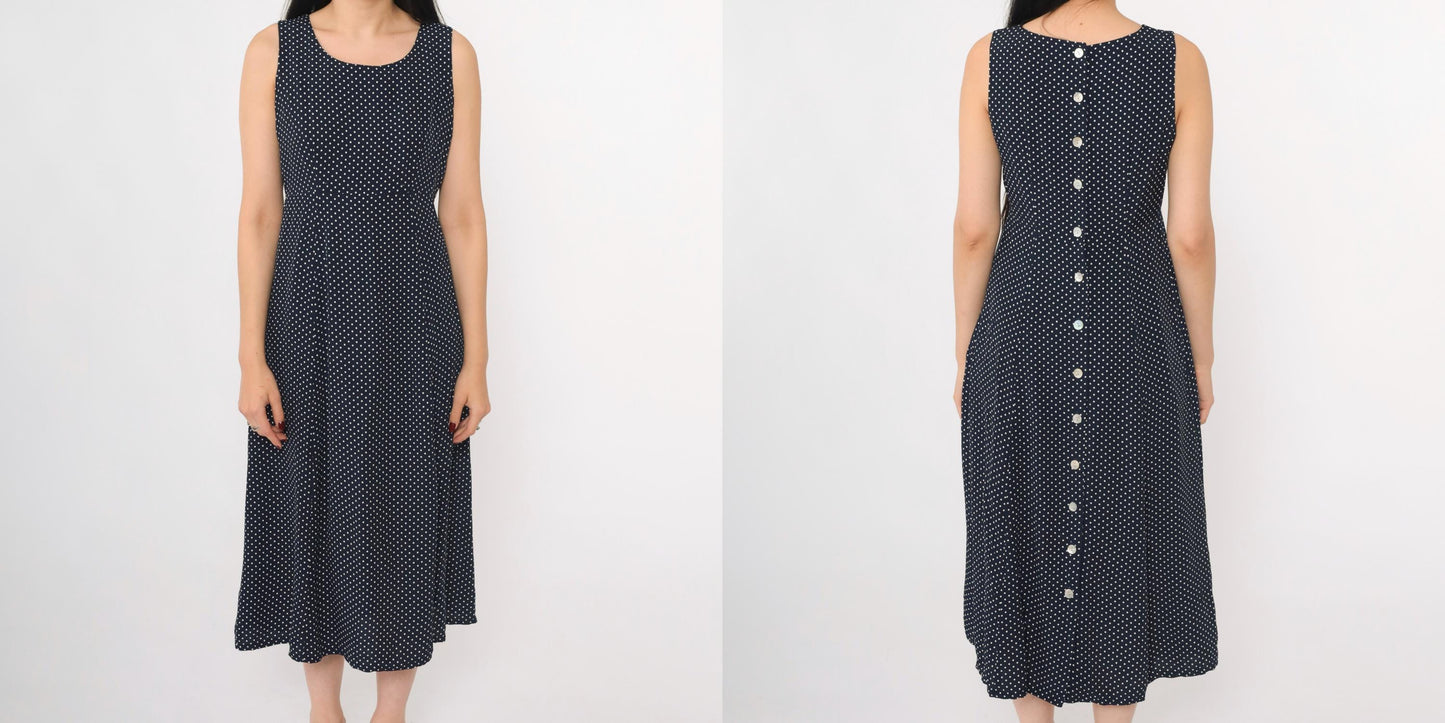 90s Navy Polka Dot Midi Dress Sleeveless High Waist Button Back Small
