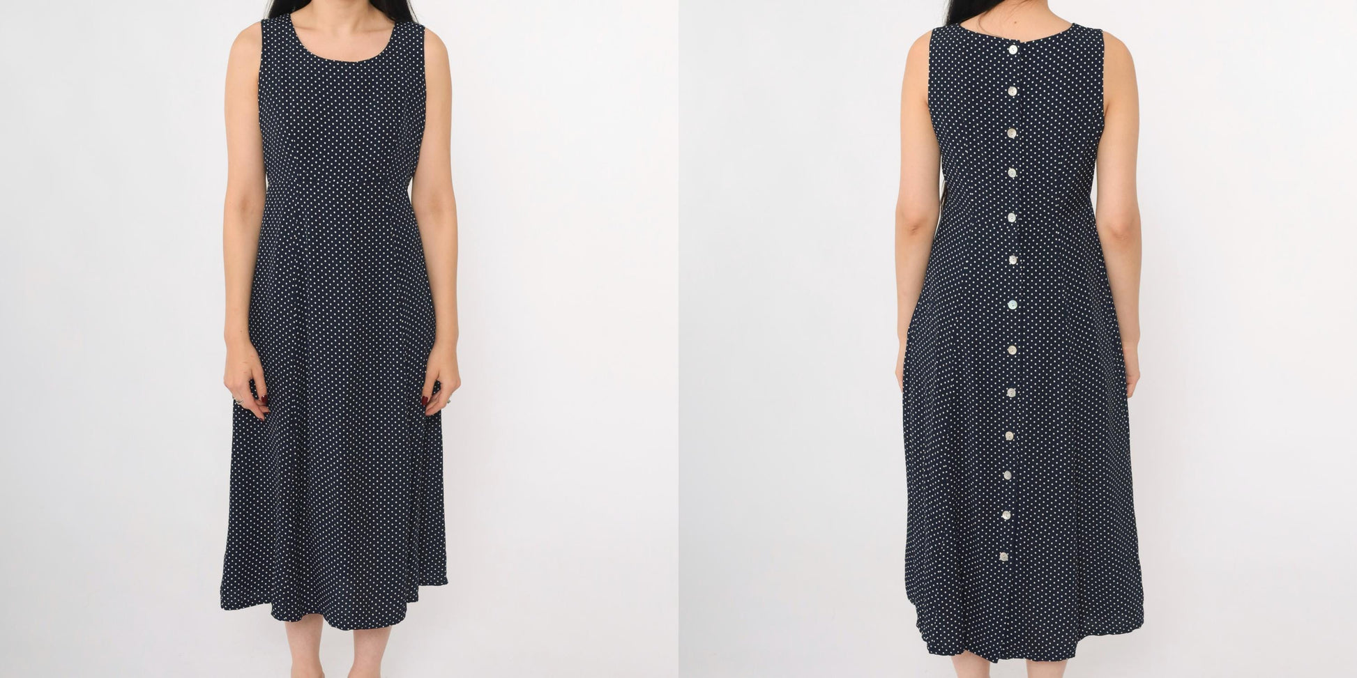 90s Navy Polka Dot Midi Dress Sleeveless High Waist Button Back Small