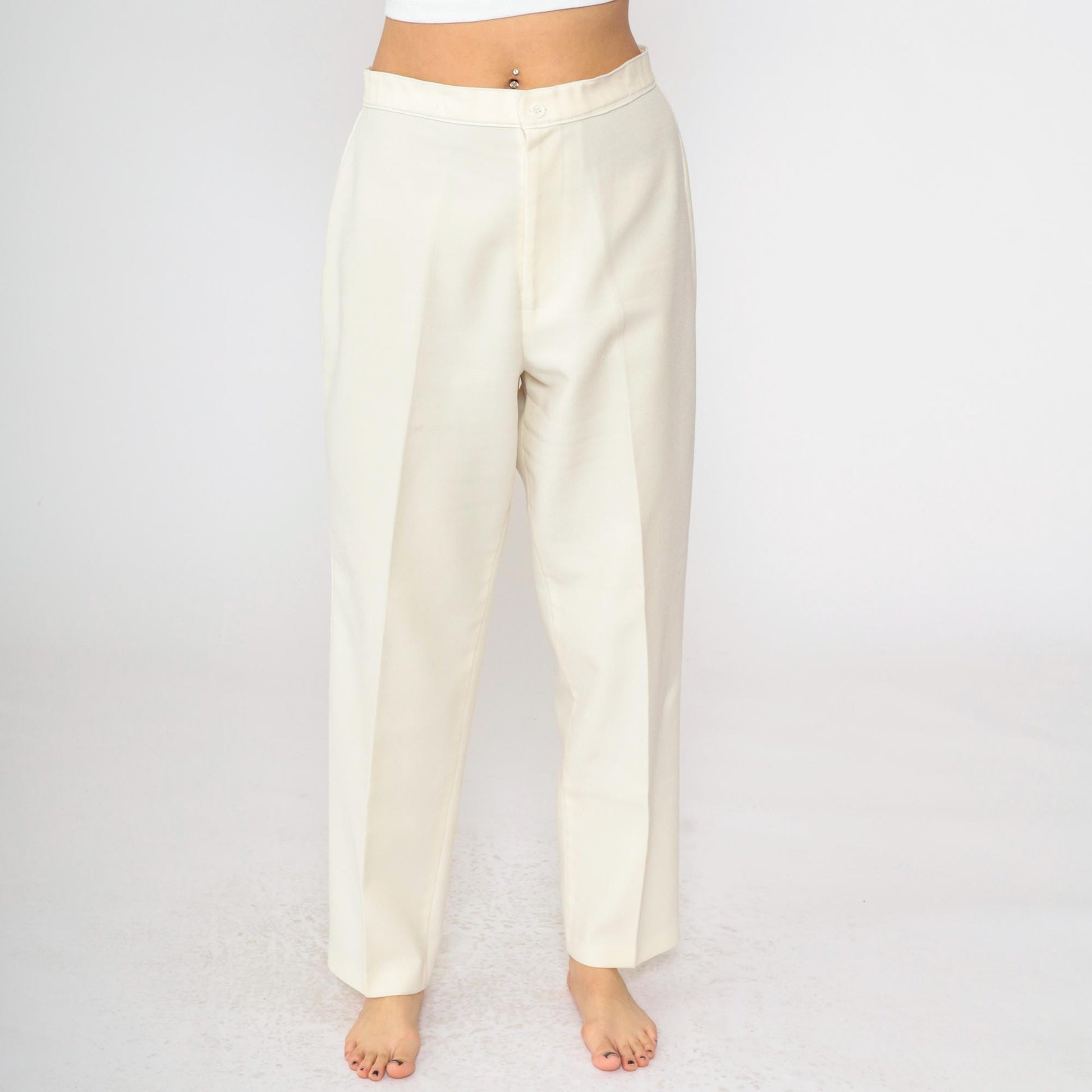 80s Ivory High-Waisted Straight Leg Trousers Tapered Medium