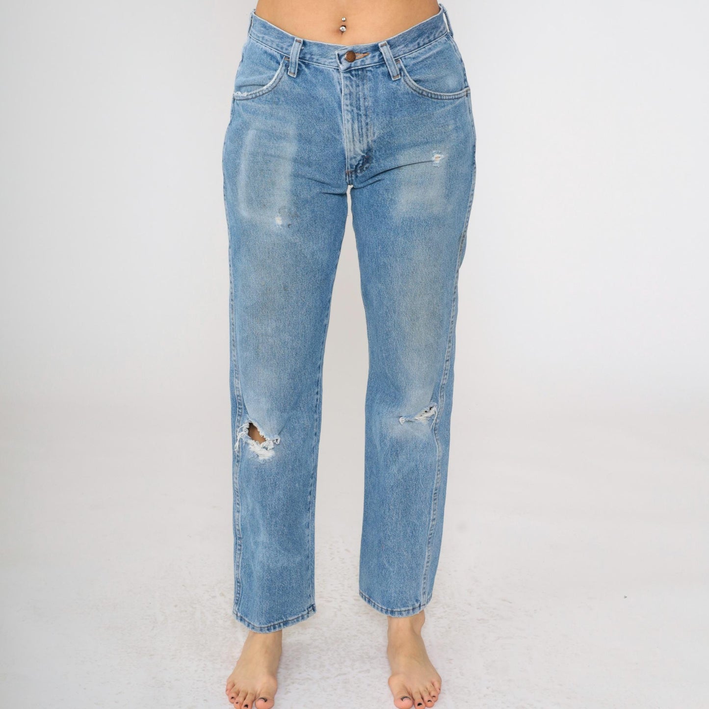 00s Rustler Faded Blue Straight Leg Jeans High Rise Ripped Small