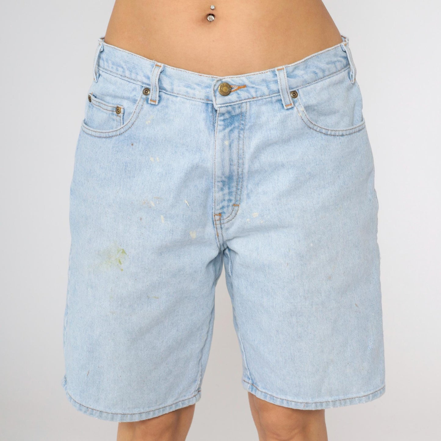 Y2K Eddie Bauer High-Waisted Denim Shorts Blue Paint Distressed Men's 34