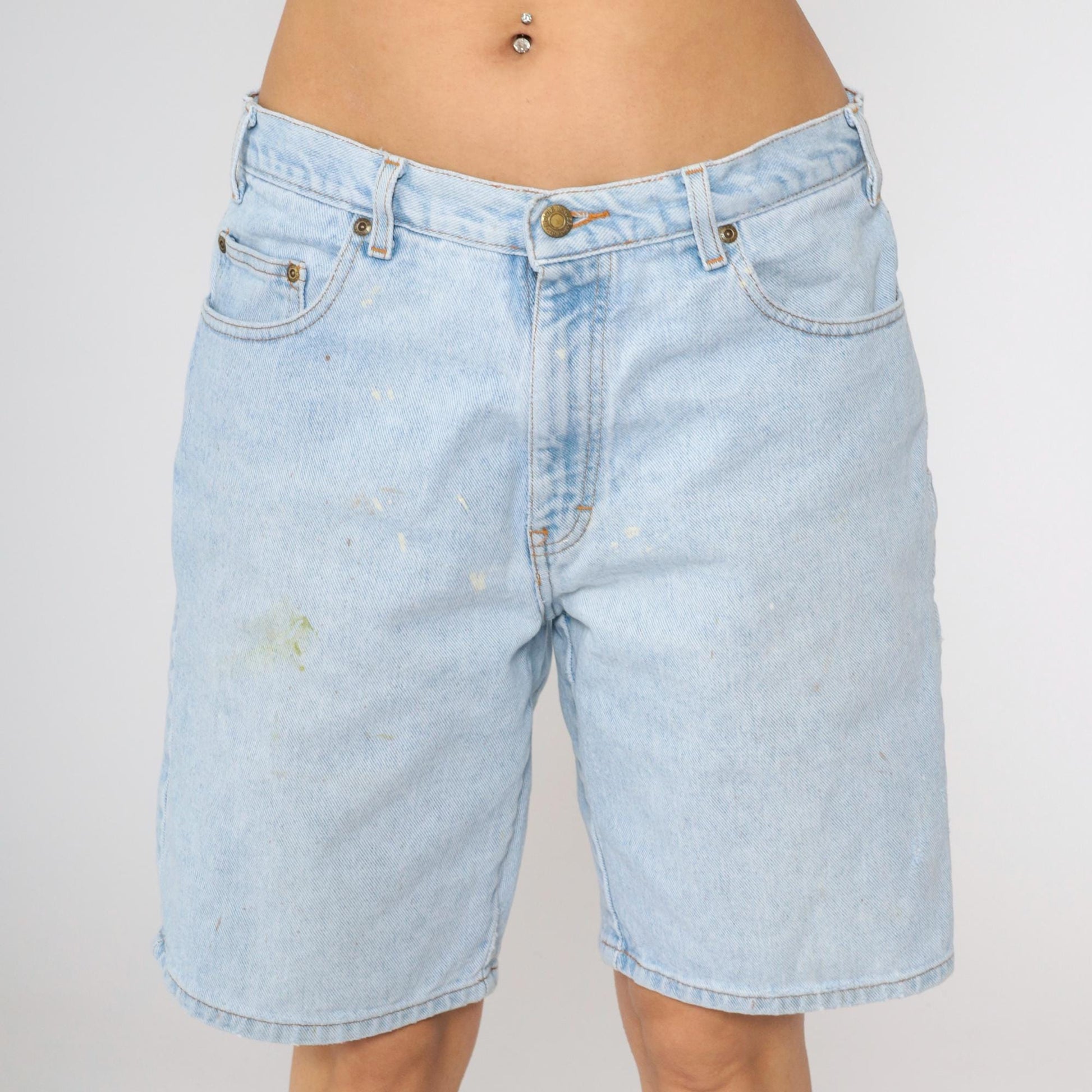 Y2K Eddie Bauer High-Waisted Denim Shorts Blue Paint Distressed Men's 34