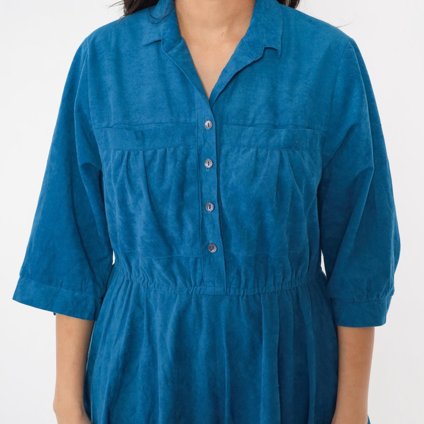 80s Blue Velour Mini Shirtdress High Waist Button Up A-Line Medium