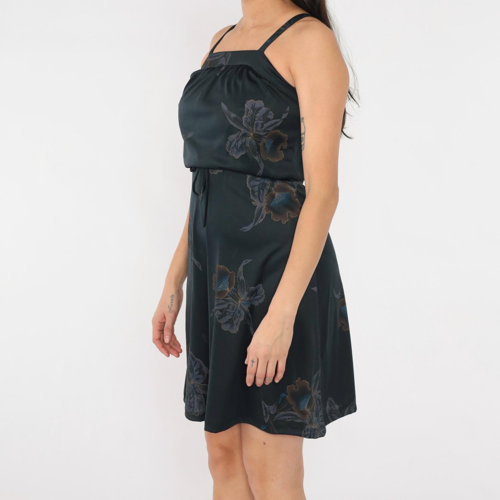 70s Black Floral Mini Dress Gold Metallic Tropical Sundress Tank Extra Small XS