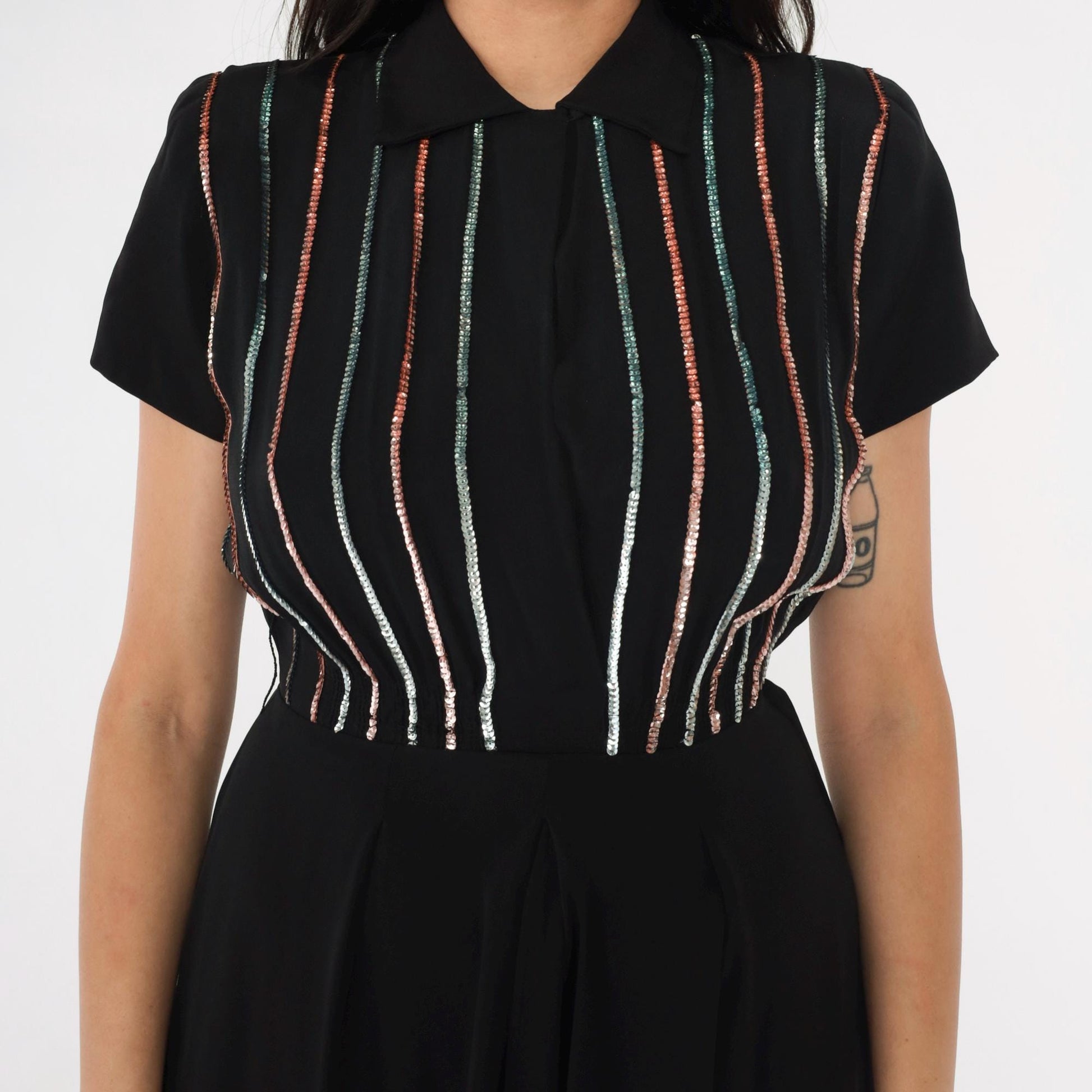 1950s Black Sequin Stripe Party Dress Midi Pleated Skirt Small S