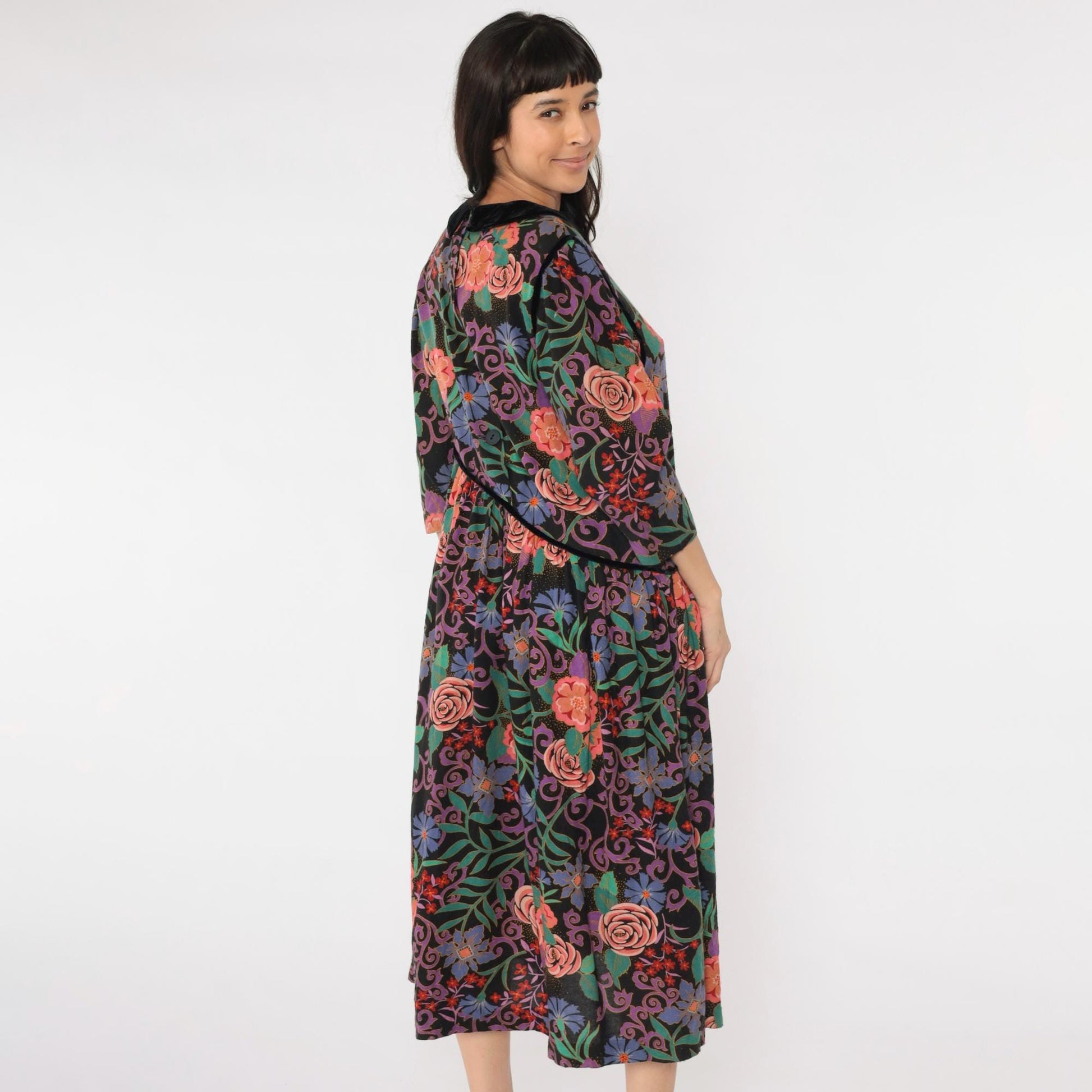 80s Floral Midi Dress Black Multicolor Peter Pan Collar Velvet Asymmetrical Large