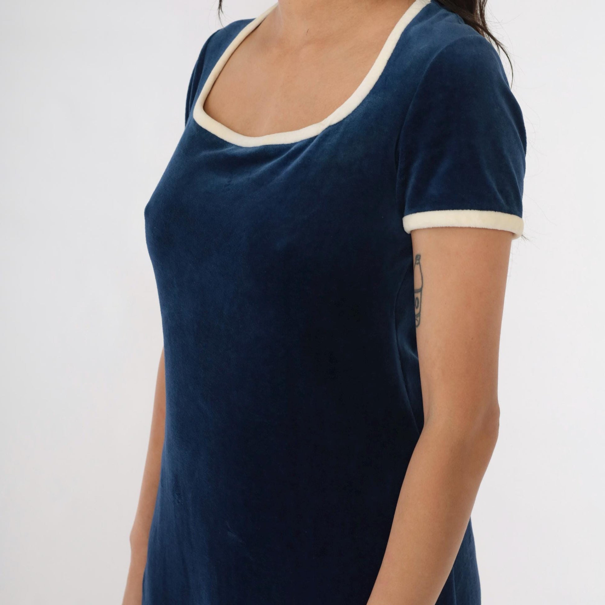 70s Navy Velour Maxi Lounge Dress Cream Trim Scoop Neck Medium M
