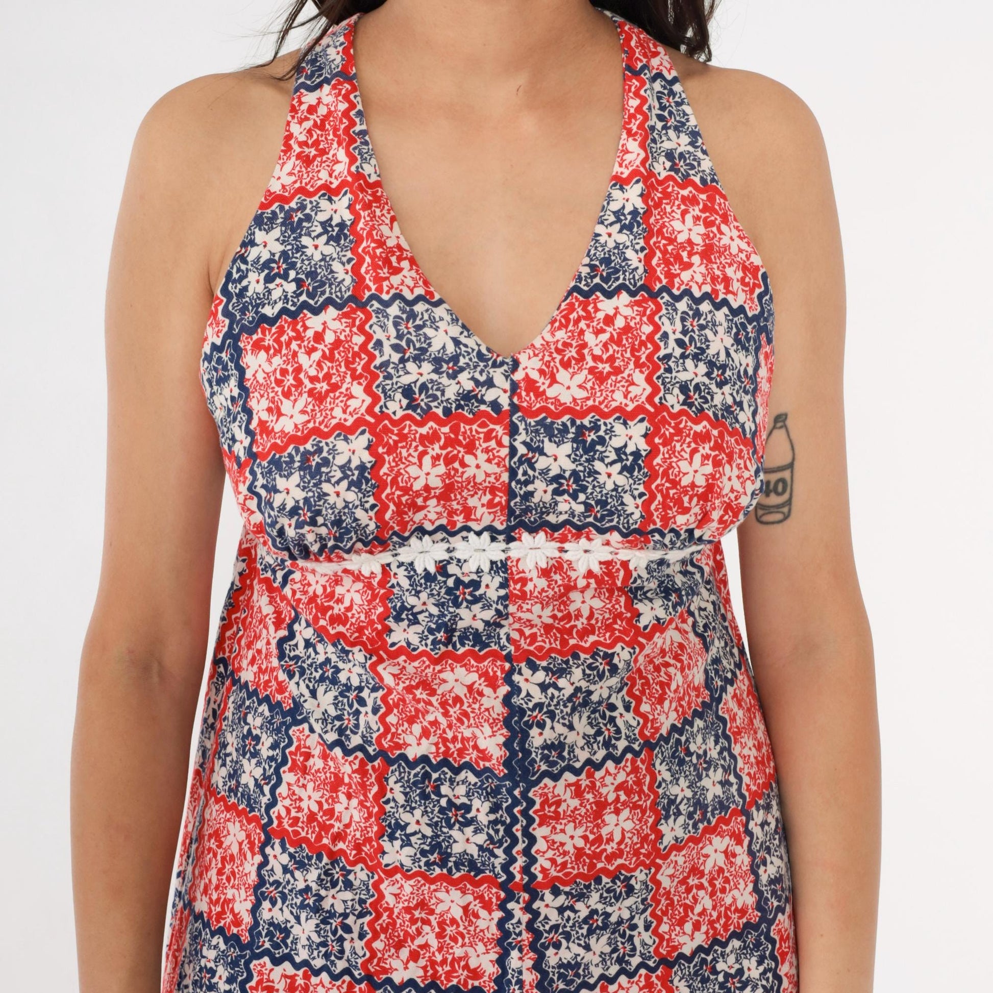 70s Patchwork Floral Maxi Halter Dress Red White Blue Empire Waist Small