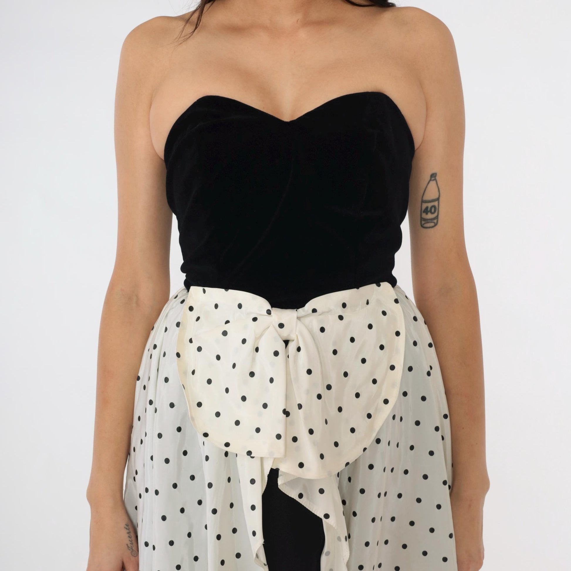 80s Yessica Strapless Velvet Polka Dot Midi Dress Sweetheart Neckline Black White Bow Extra Small
