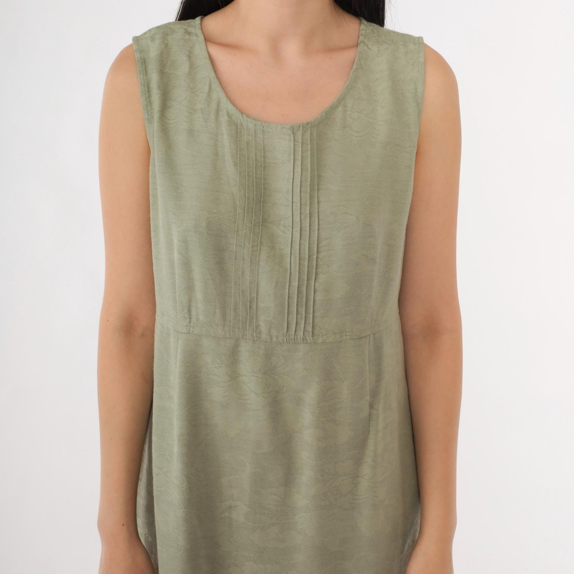 90s Karin Stevens Floral Jacquard Mini Dress Olive Green Sleeveless Small