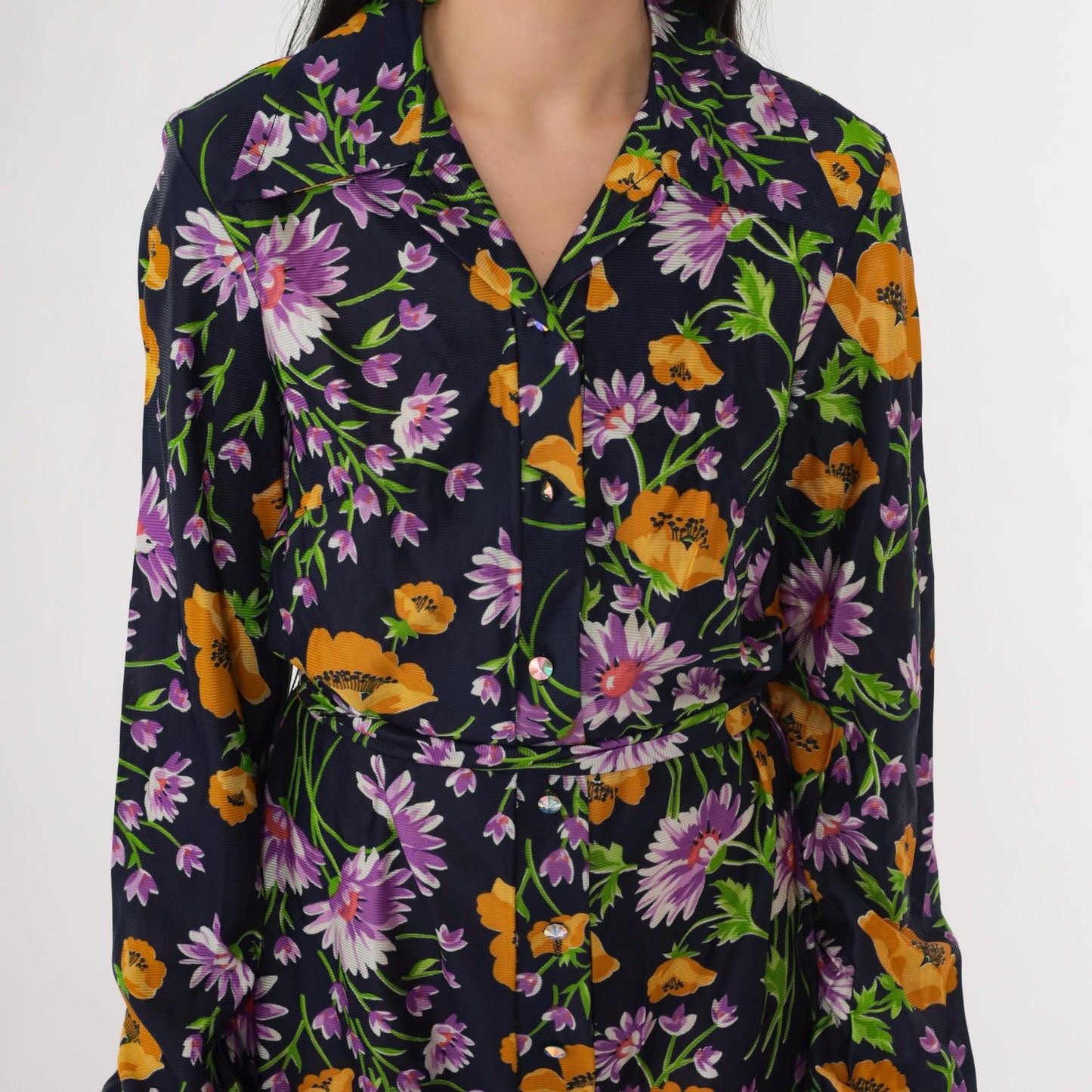 70s Lane Bryant Navy Floral Maxi Shirt Dress Dagger Collar Belt Small