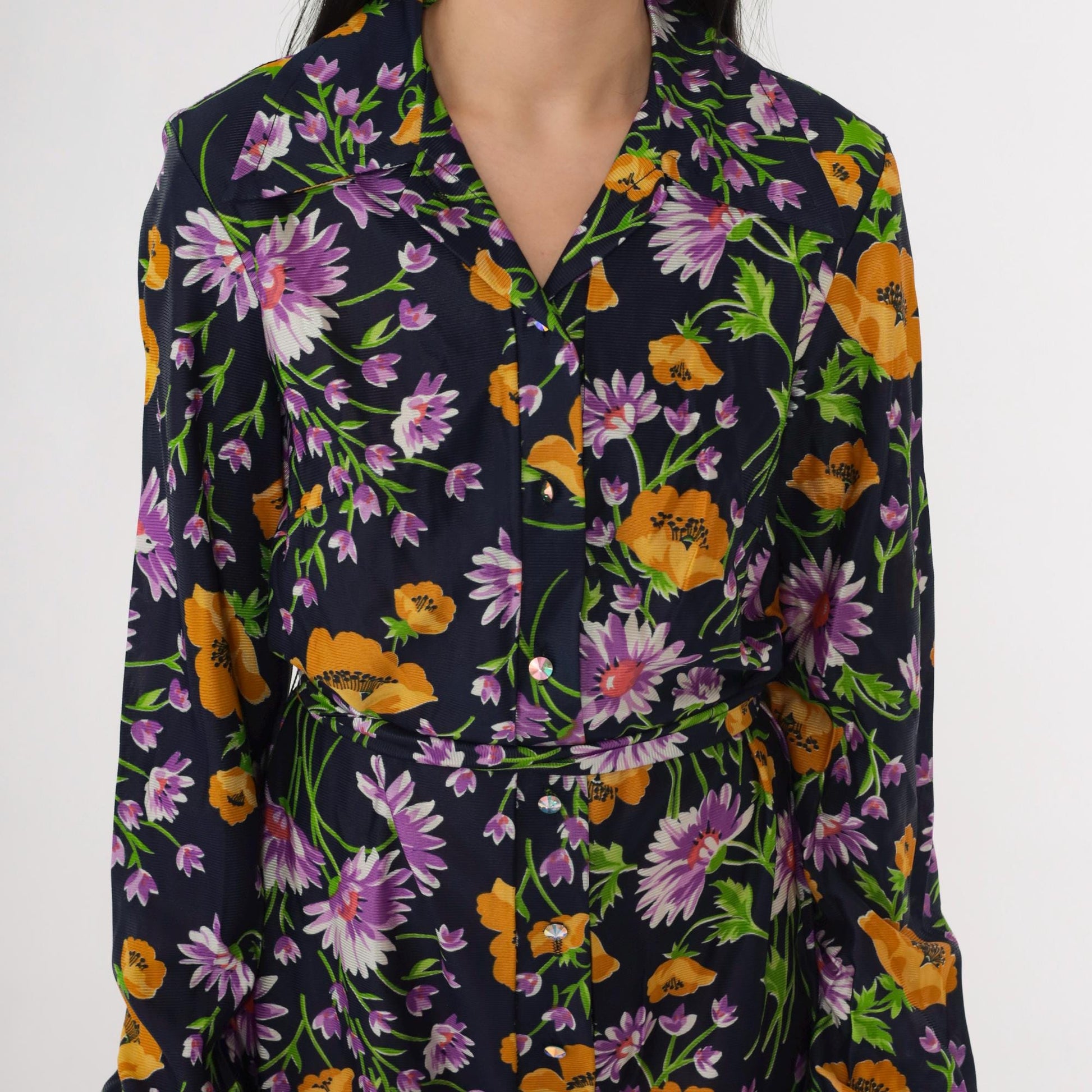70s Lane Bryant Navy Floral Maxi Shirt Dress Dagger Collar Belt Small