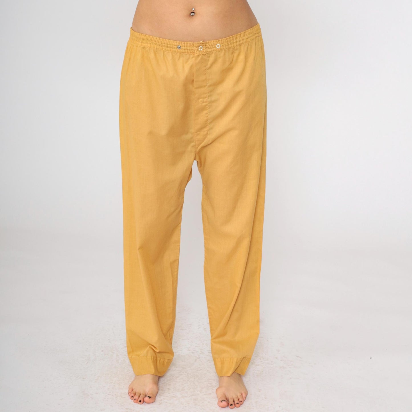 70s Mustard Yellow Pajama Pants Snap Waist Straight Leg Large L