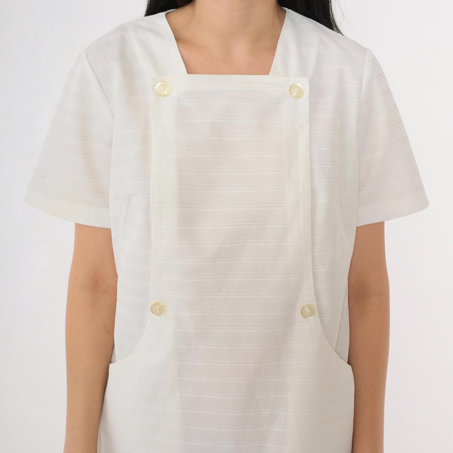 60s White Nurse Shift Dress Mini Button-Front Short Sleeve Small