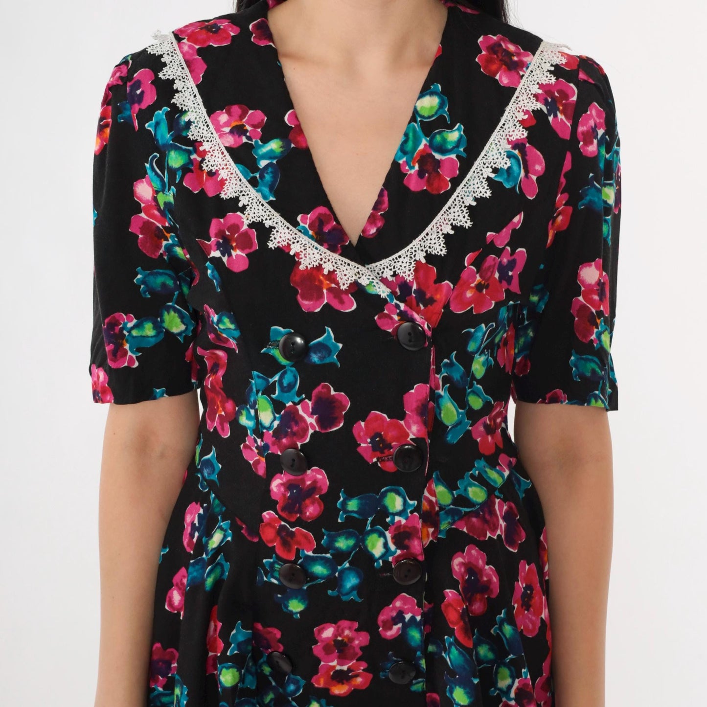 80s Milarzo Floral Peplum Mini Dress Black Double Breasted Puff Sleeve Small
