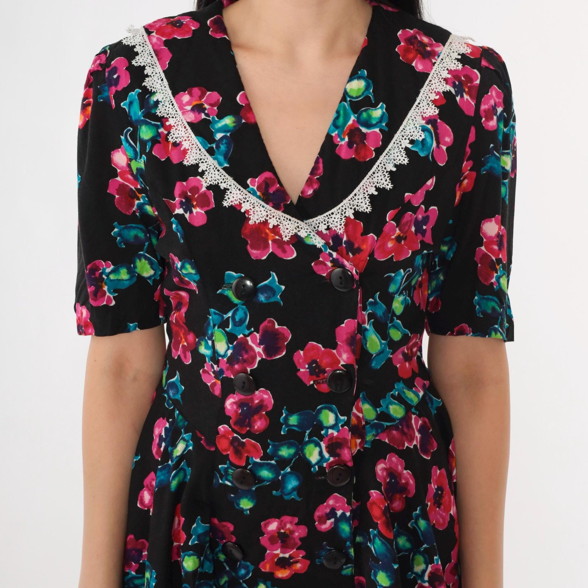 80s Milarzo Floral Peplum Mini Dress Black Double Breasted Puff Sleeve Small