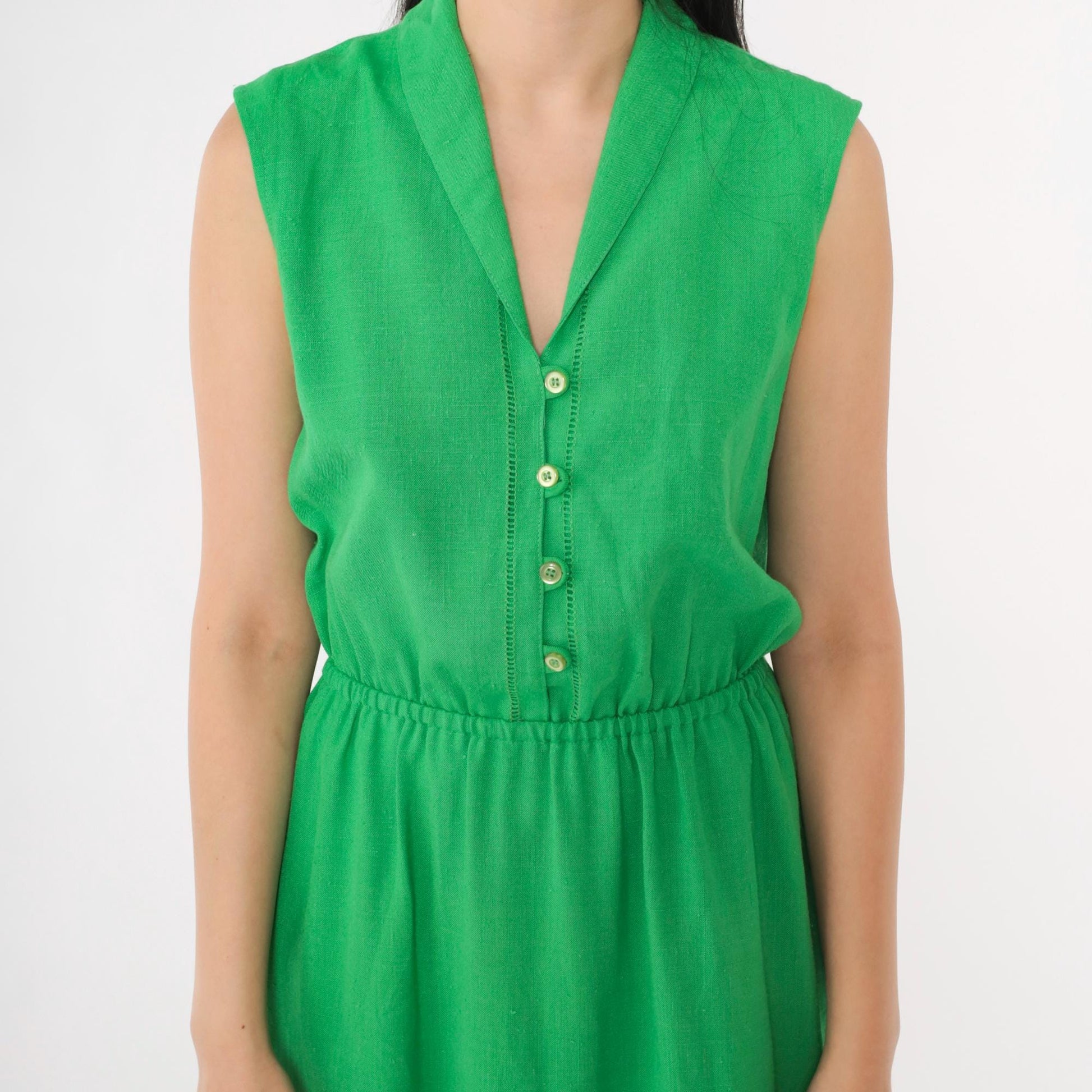 80s Green Linen Midi Dress Collared Button-Up Eyelet Cutwork Small