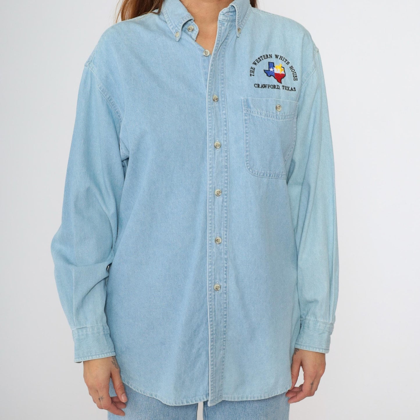 90s Wrangler Crawford Ranch Denim Shirt Light Wash Texas Embroidered Small S