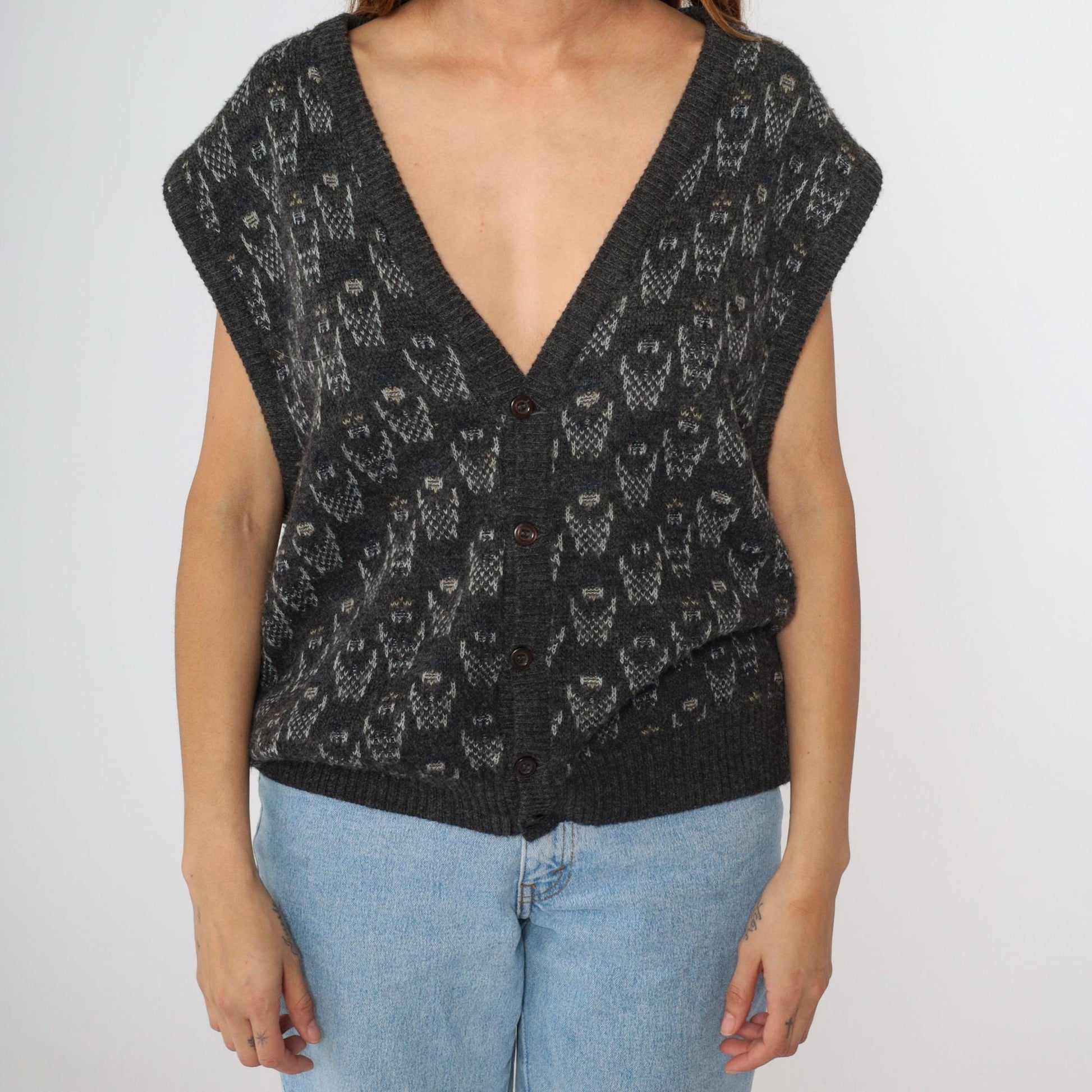 90s Paolo Conti Geometric Knit Vest Grey V-Neck Button Front Large
