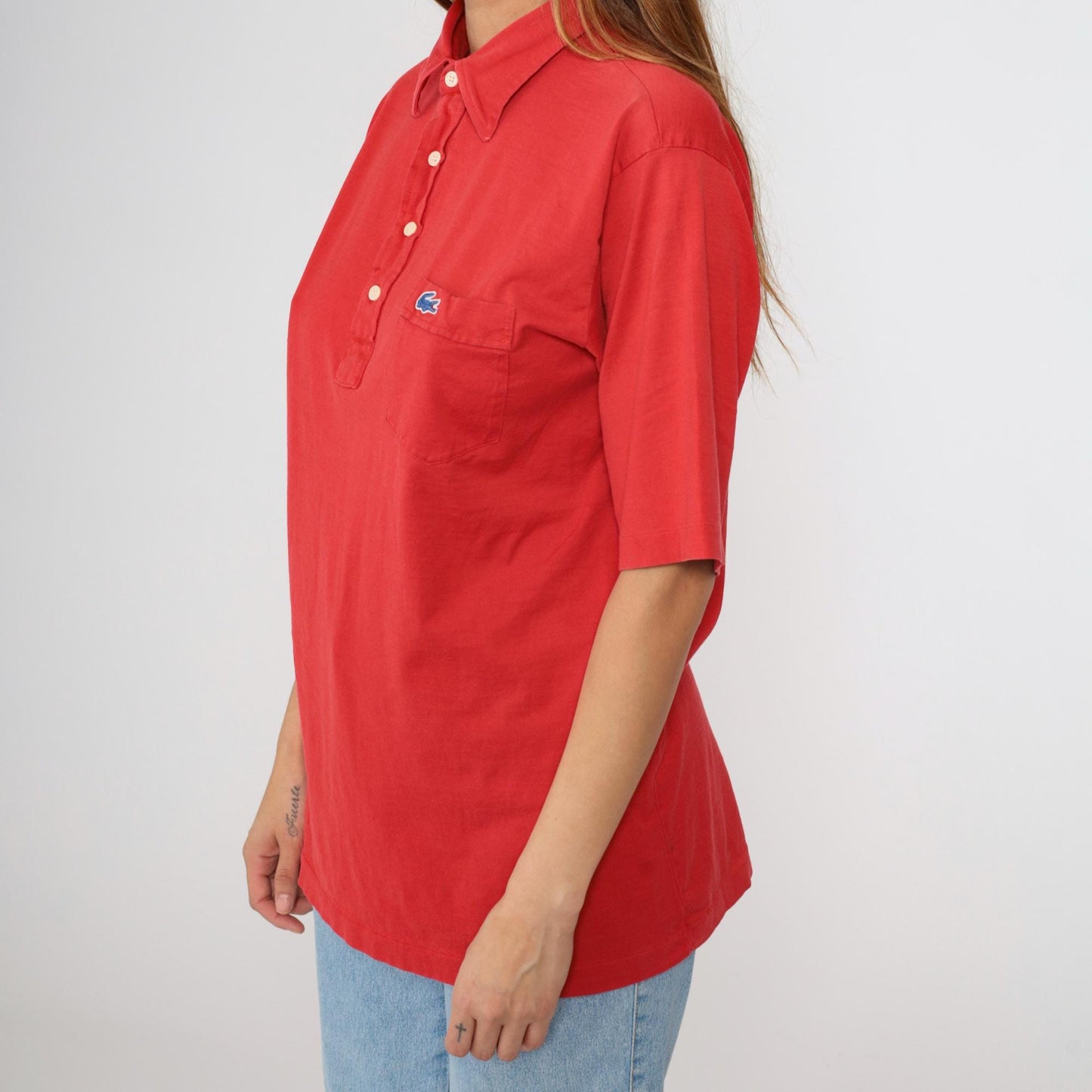 80s Lacoste Izod Polo Shirt Red Crocodile Logo Cotton Medium