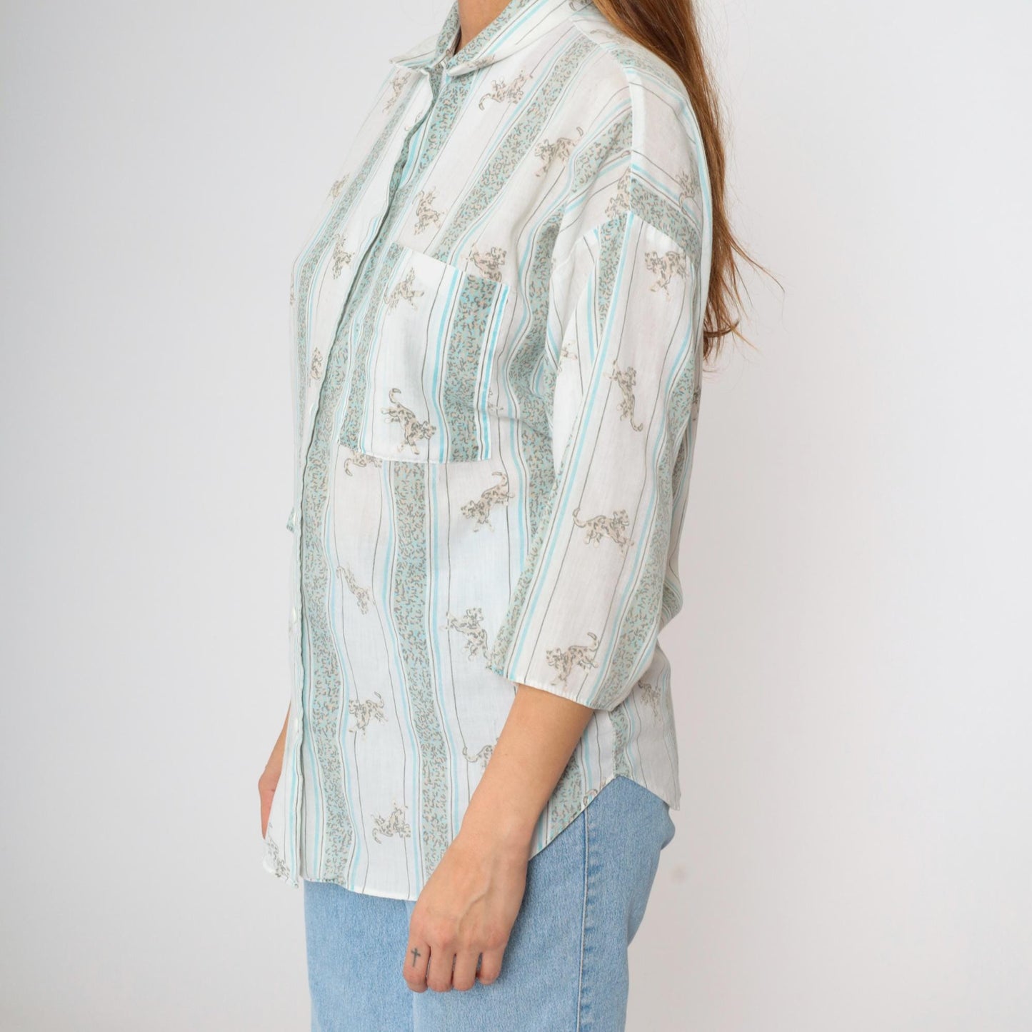 80s Leopard Striped Button-Up Blouse White Blue 3/4 Sleeve Large