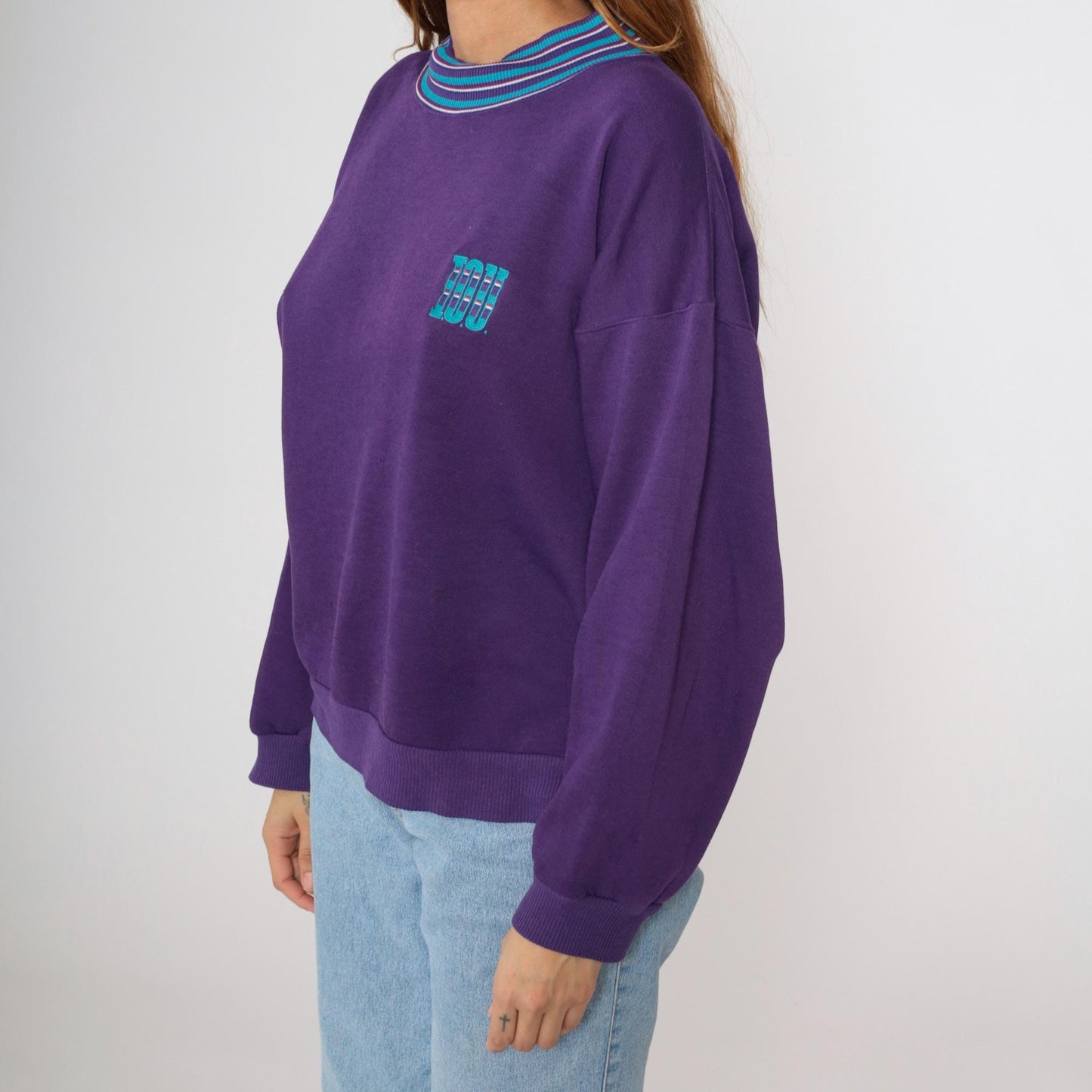 90s I.O.U. Spellout Sweatshirt Purple Striped Collar Graphic Pullover Large