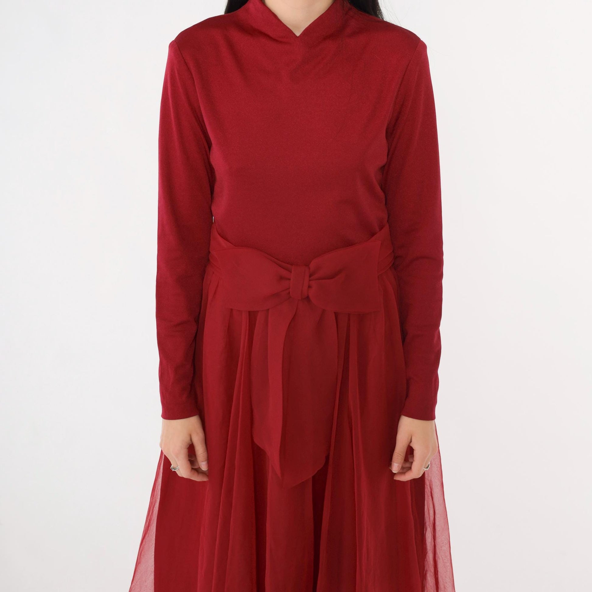 70s Burgundy Chiffon Maxi Dress Bow Waist Long Sleeve Small
