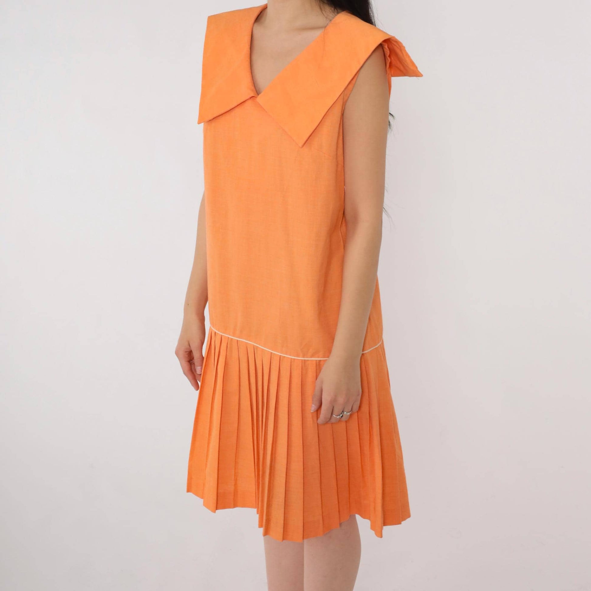 60s Mod Scooter Dress Orange Sailor Collar Drop Waist Pleated Knee Small