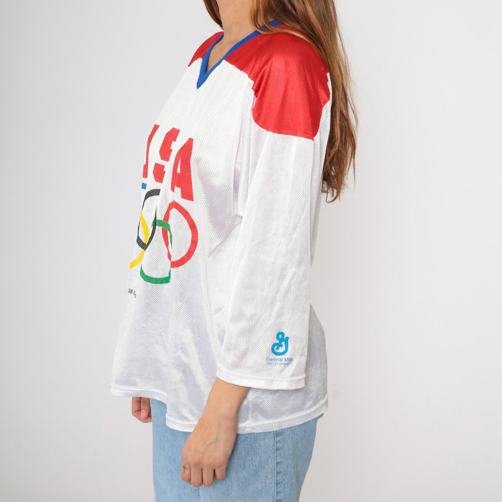 80s USA Mesh Hockey Jersey White Red Blue Block Lettering Medium