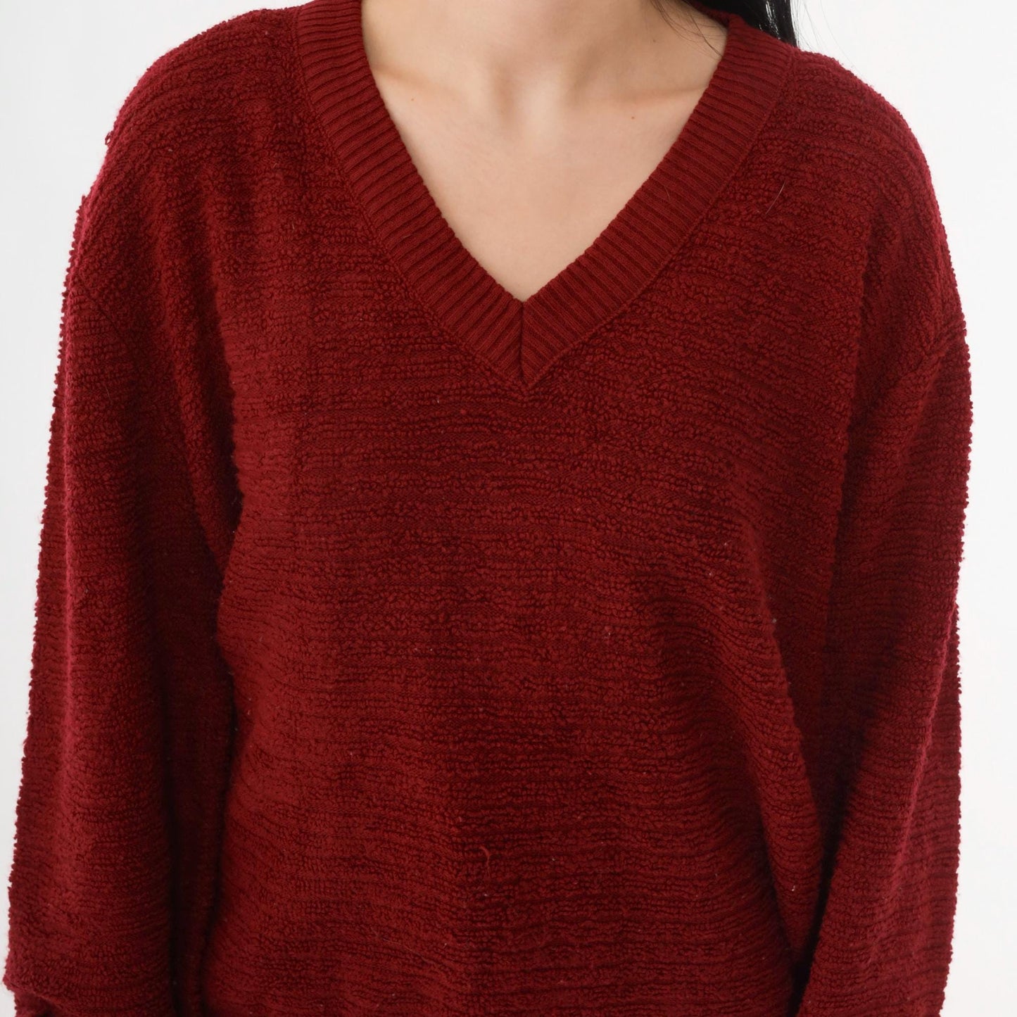 80s Jantzen Loop Knit Sweater Burgundy V-Neck Pullover Medium M