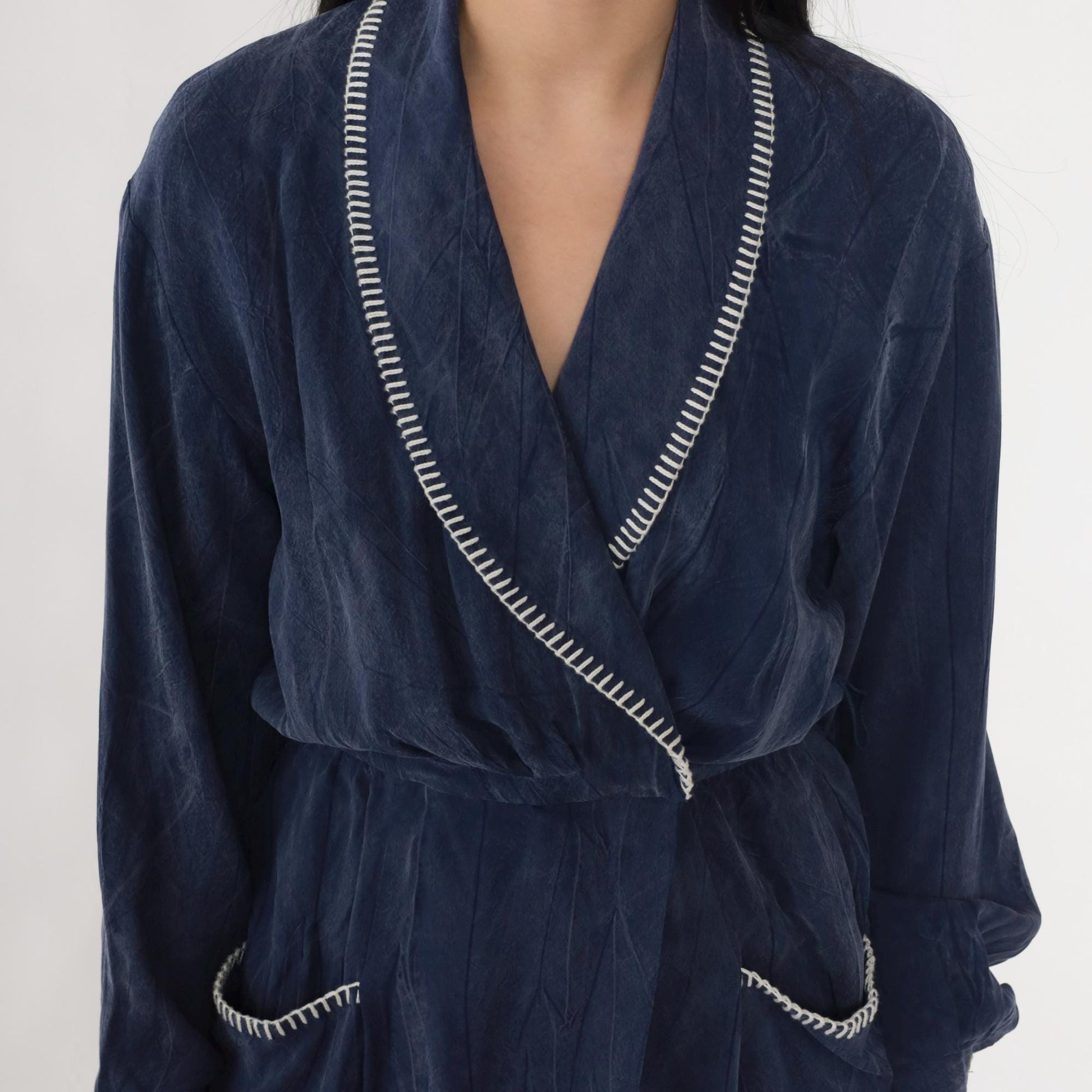 90s Petite Sophisticate Navy Faux Wrap Dress Rayon Shawl Collar Mini Small
