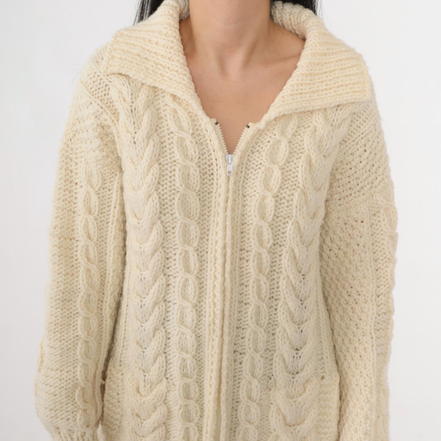 90s Cable Knit Zip Cardigan Cream Wool Sweater Medium M