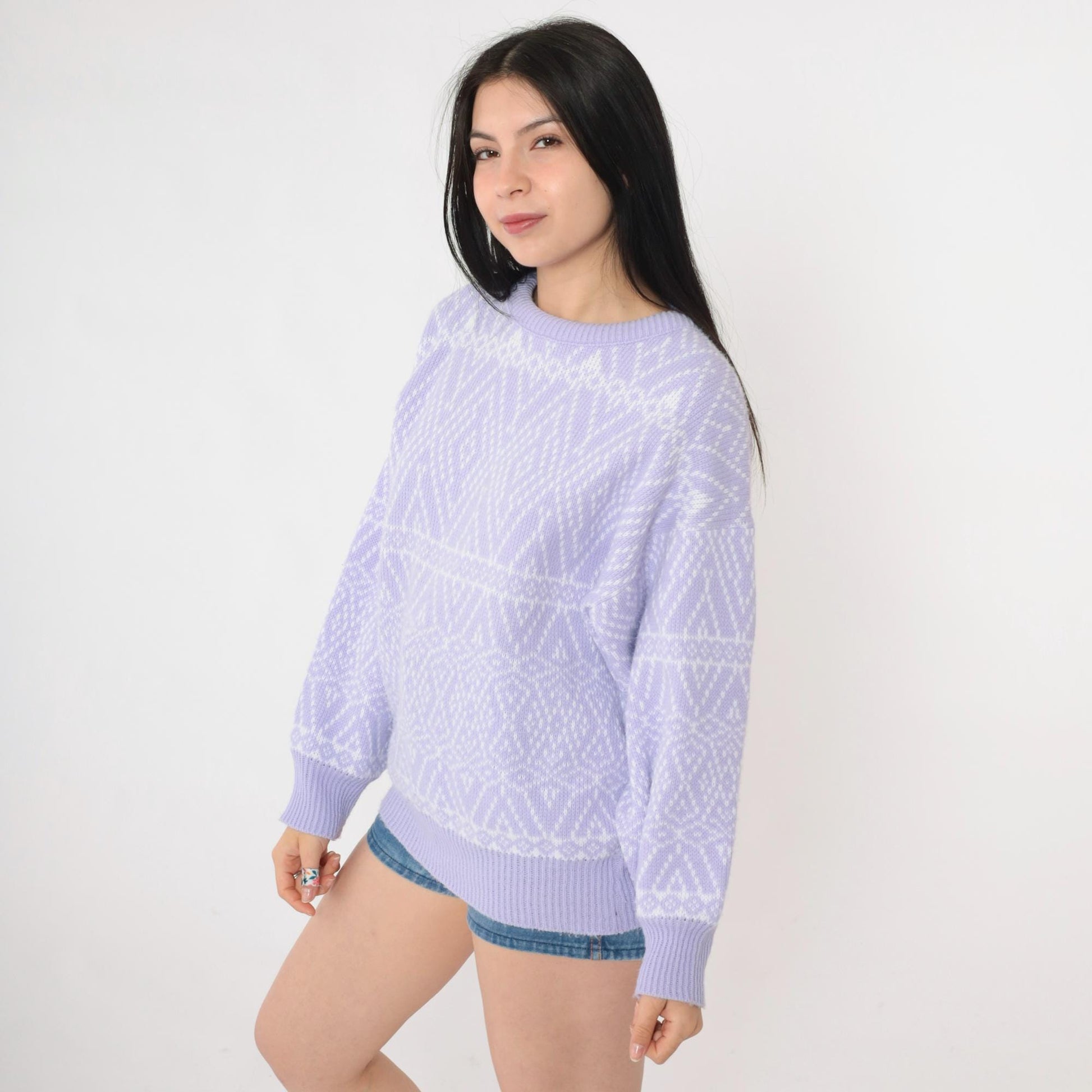 80s Lavender Diamond Geometric Knit Sweater Crewneck Pullover Medium Large