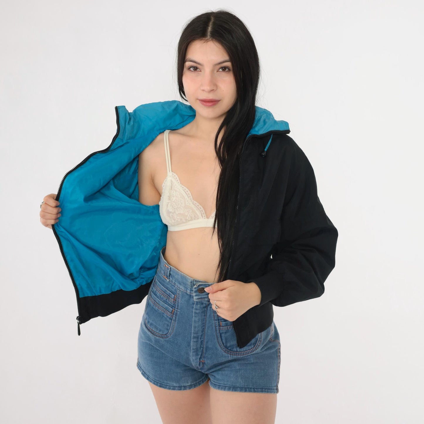 80s Pacific Trail Black Hooded Windbreaker Jacket Blue Trim Extra Small