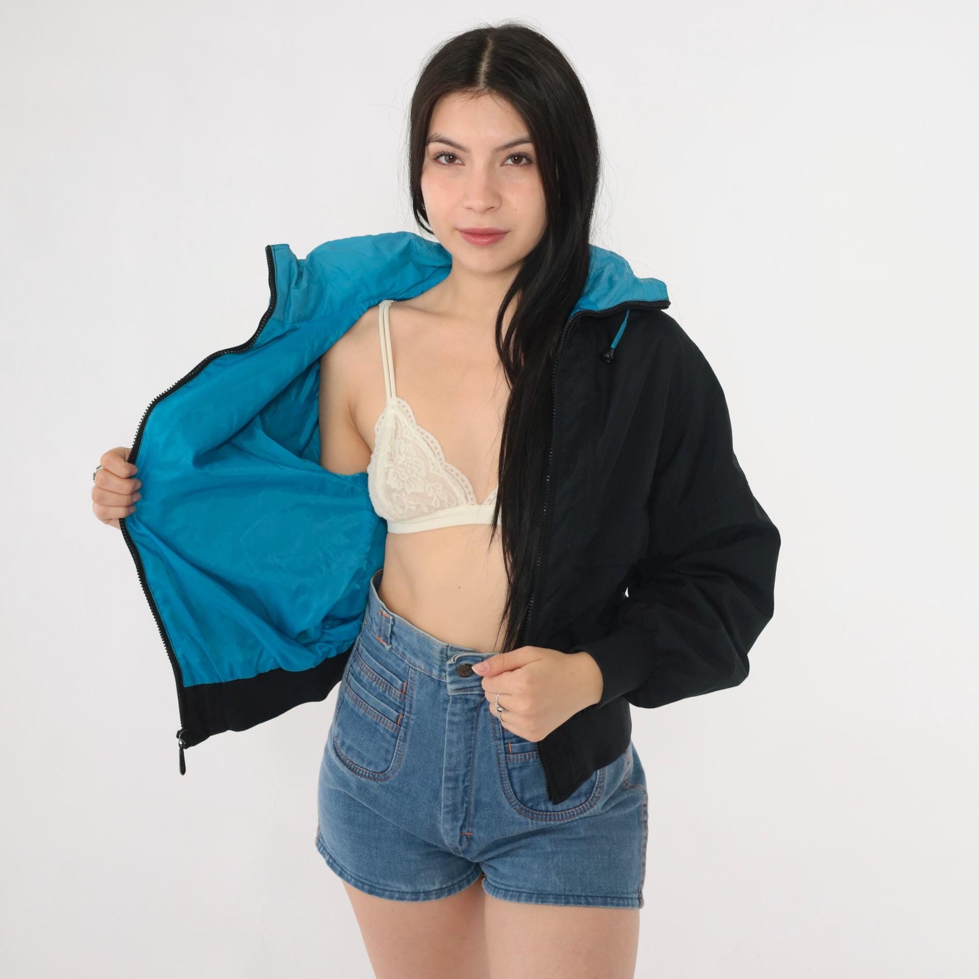 80s Pacific Trail Black Hooded Windbreaker Jacket Blue Trim Extra Small