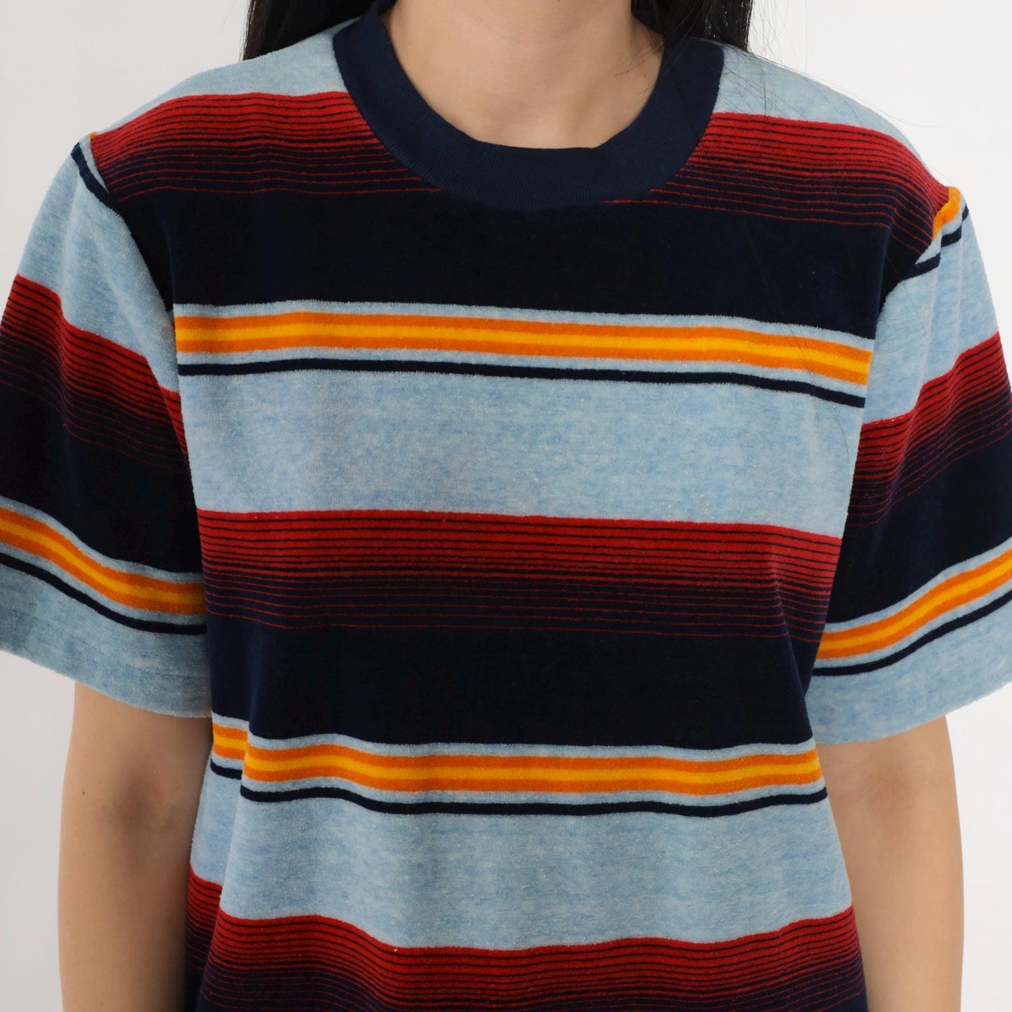 80s Baby Blue Velour Ringer Tee Multicolor Striped Crewneck Medium M