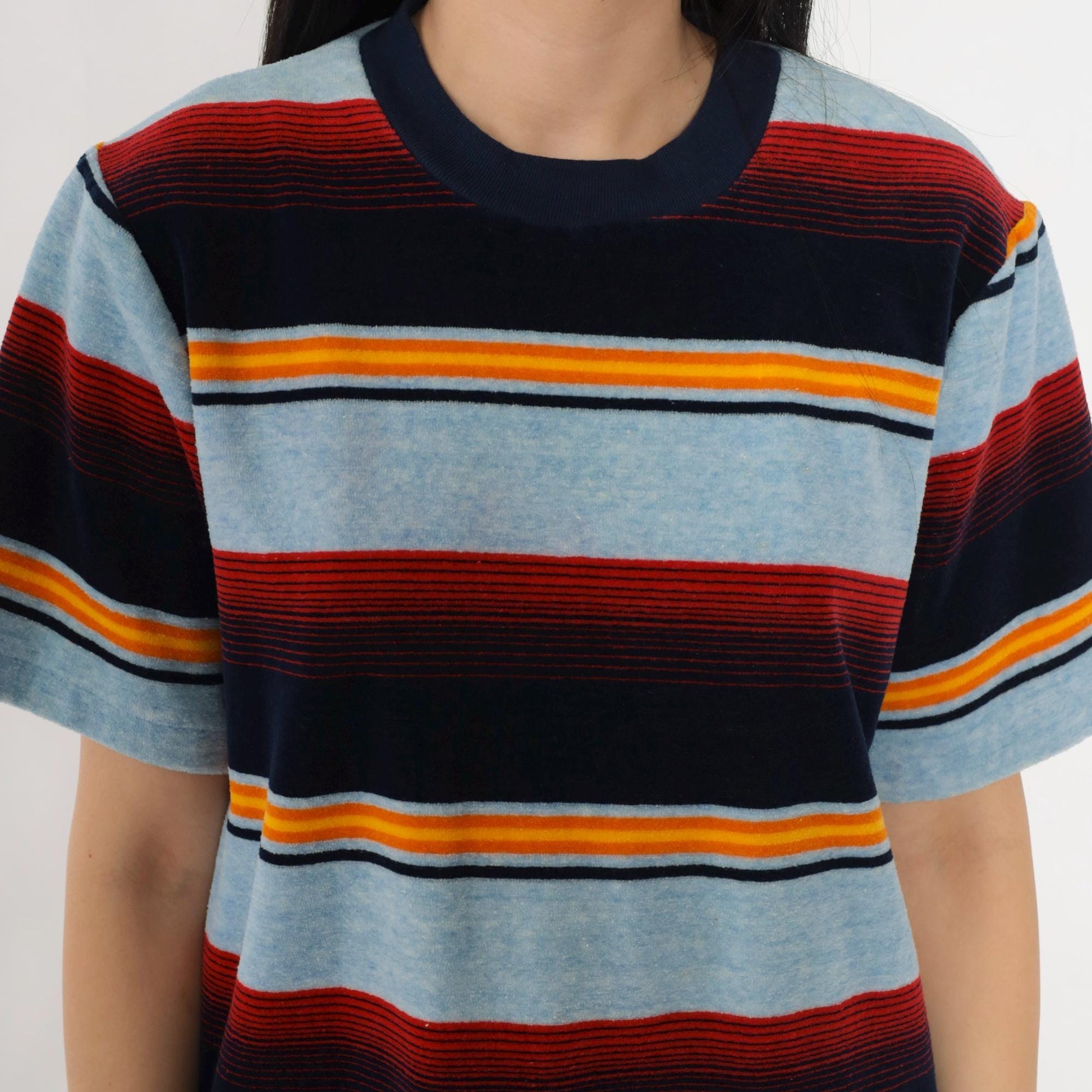 80s Baby Blue Velour Ringer Tee Multicolor Striped Crewneck Medium M