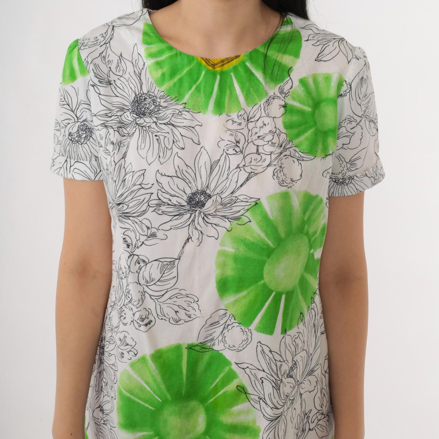 90s White Floral Mini Dress Green Black Graphic Short Sleeve Shift Small S