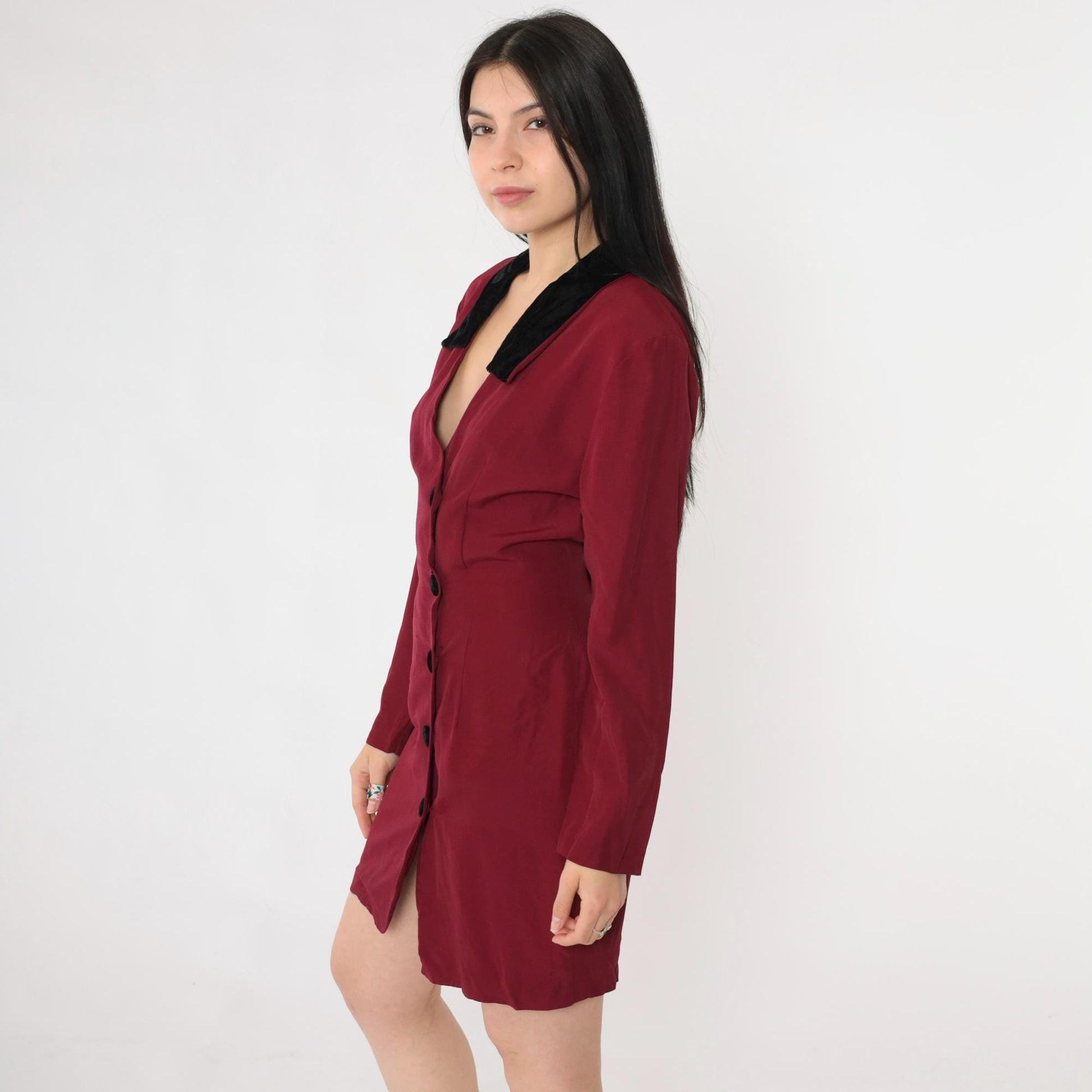90s Burgundy Velvet Collar Mini Dress Button-Up Sheath Long Sleeve Small