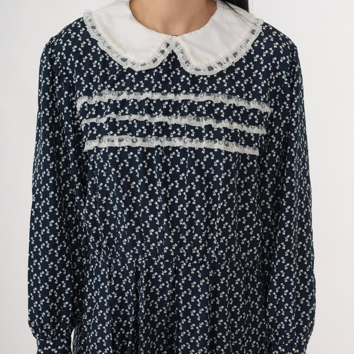80s Navy Bow Print Midi Dress Peter Pan Collar Lace Trim Long Sleeve Medium Large
