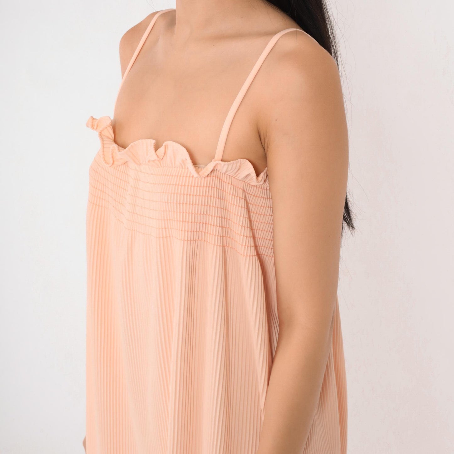 70s Peach Maxi Sundress Smocked Knife Pleated Spaghetti Strap Small Medium
