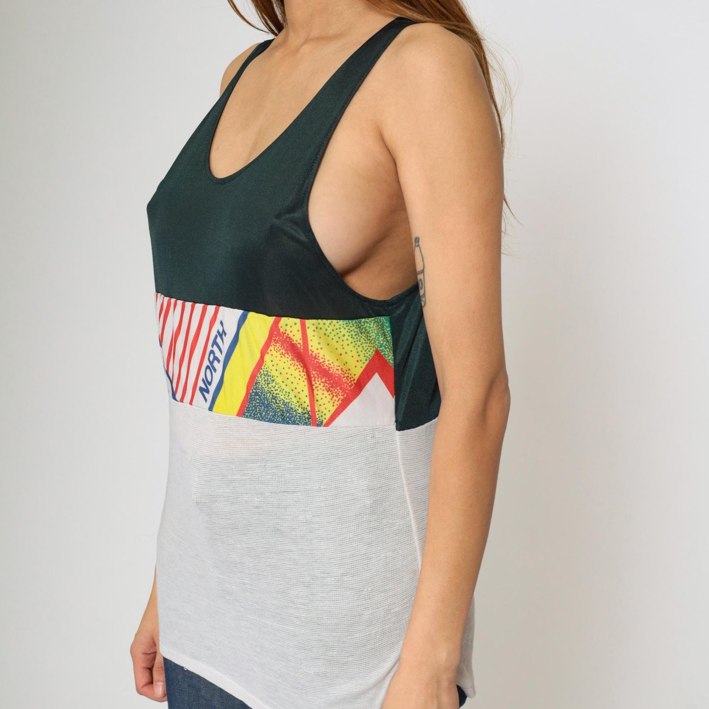 90s Colorblock Mesh Athletic Tank Top Flag Graphic Black White Small S
