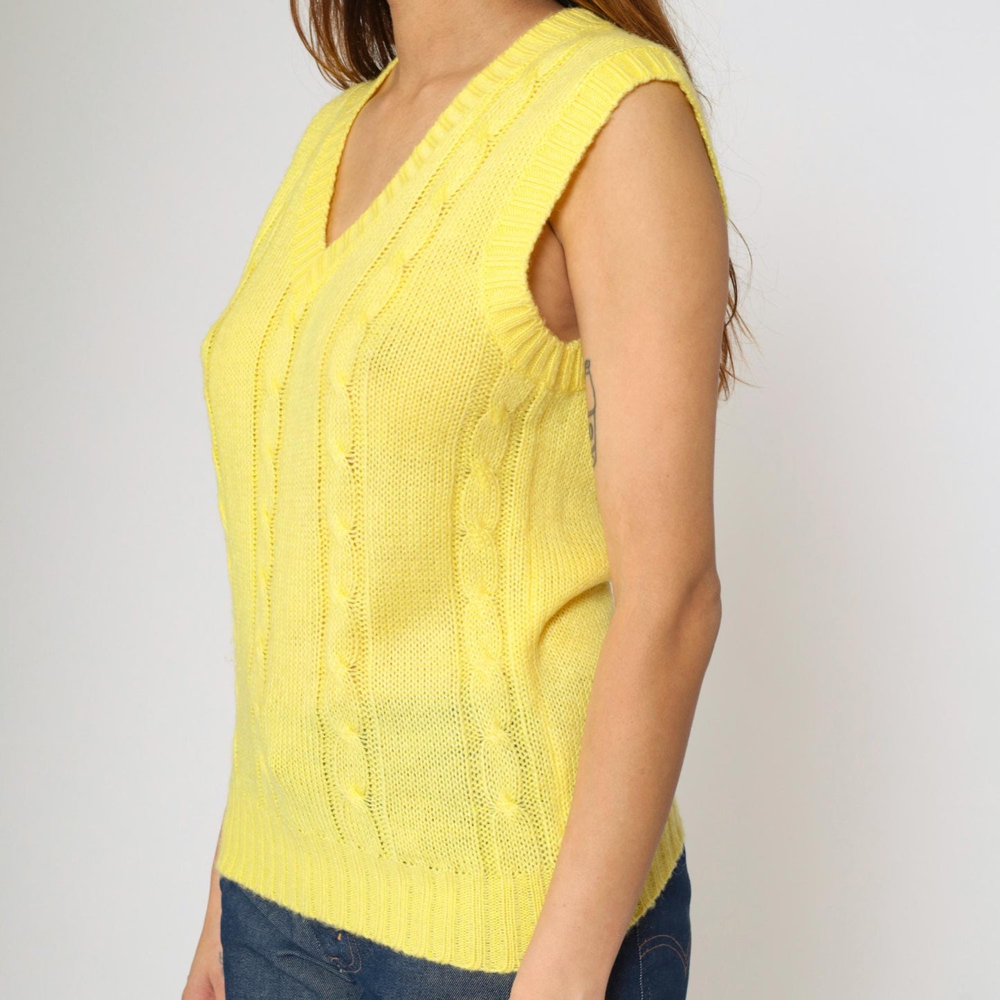 80s Yellow Cable Knit Sweater Vest V Neck Sleeveless Pullover Extra Small