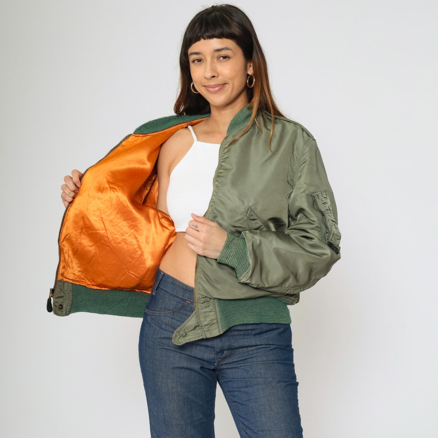 1960s USAF MA-1 Flight Jacket Alpha Industries Sage Green Orange Lined Large