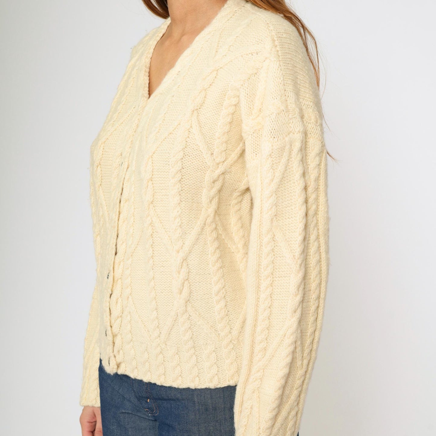 80s Gusto Wool Cable Knit Cardigan Cream Button-Up V-Neck Small